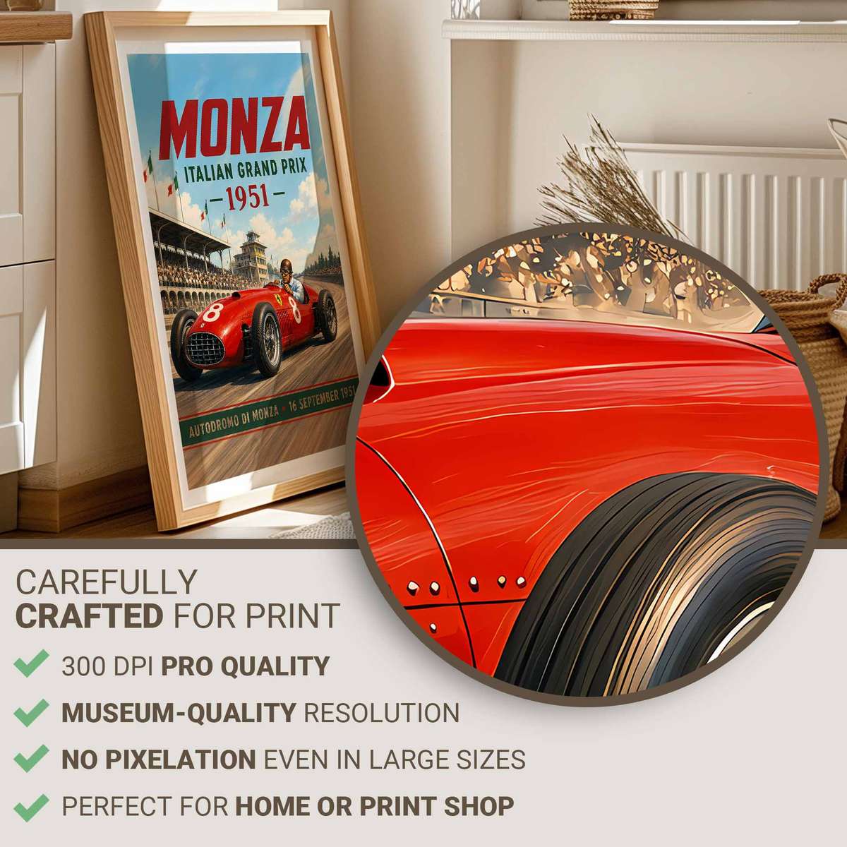 Gallery-style Autodromo Nazionale Monza Circuit artwork with vintage details for gaming room decor