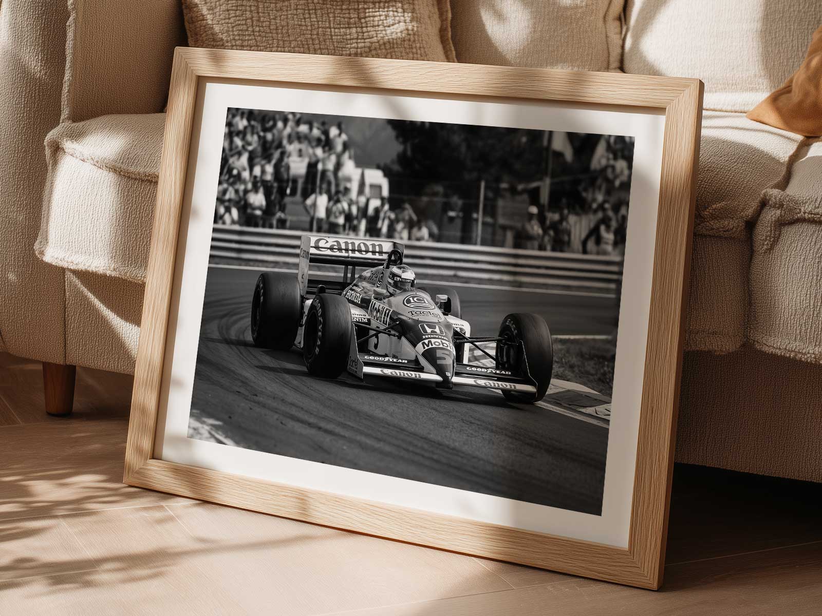 Cockpit view with driver hands on the wheel and intense focus visible through the visor, framed by sharp chassis lines