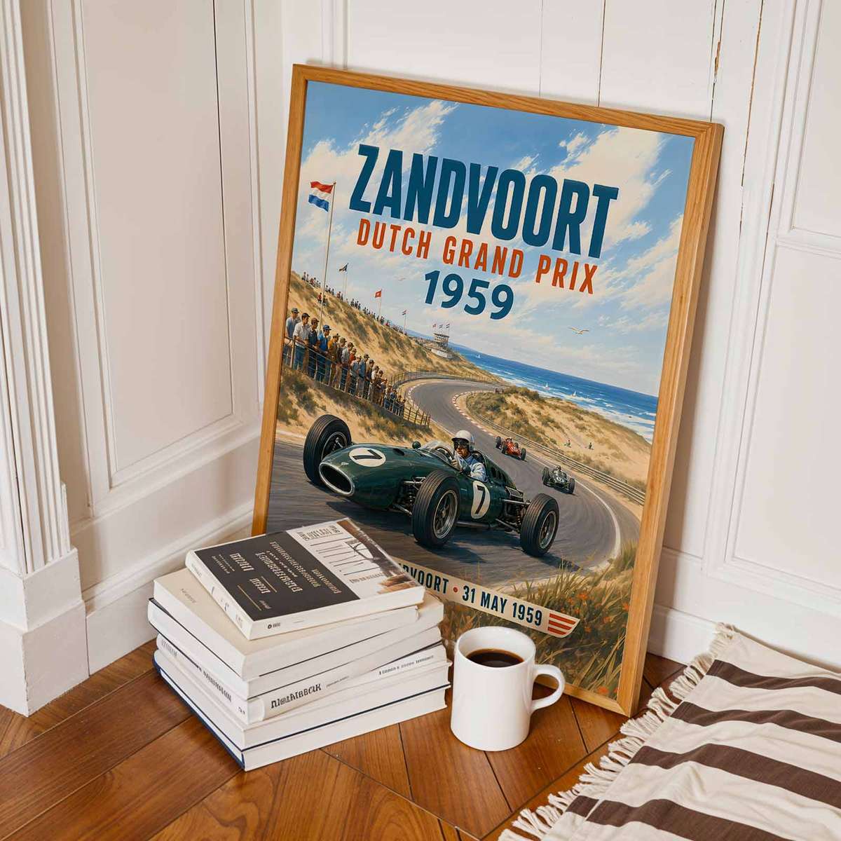 Vintage Dutch GP poster featuring speed-focused composition with trackside detail