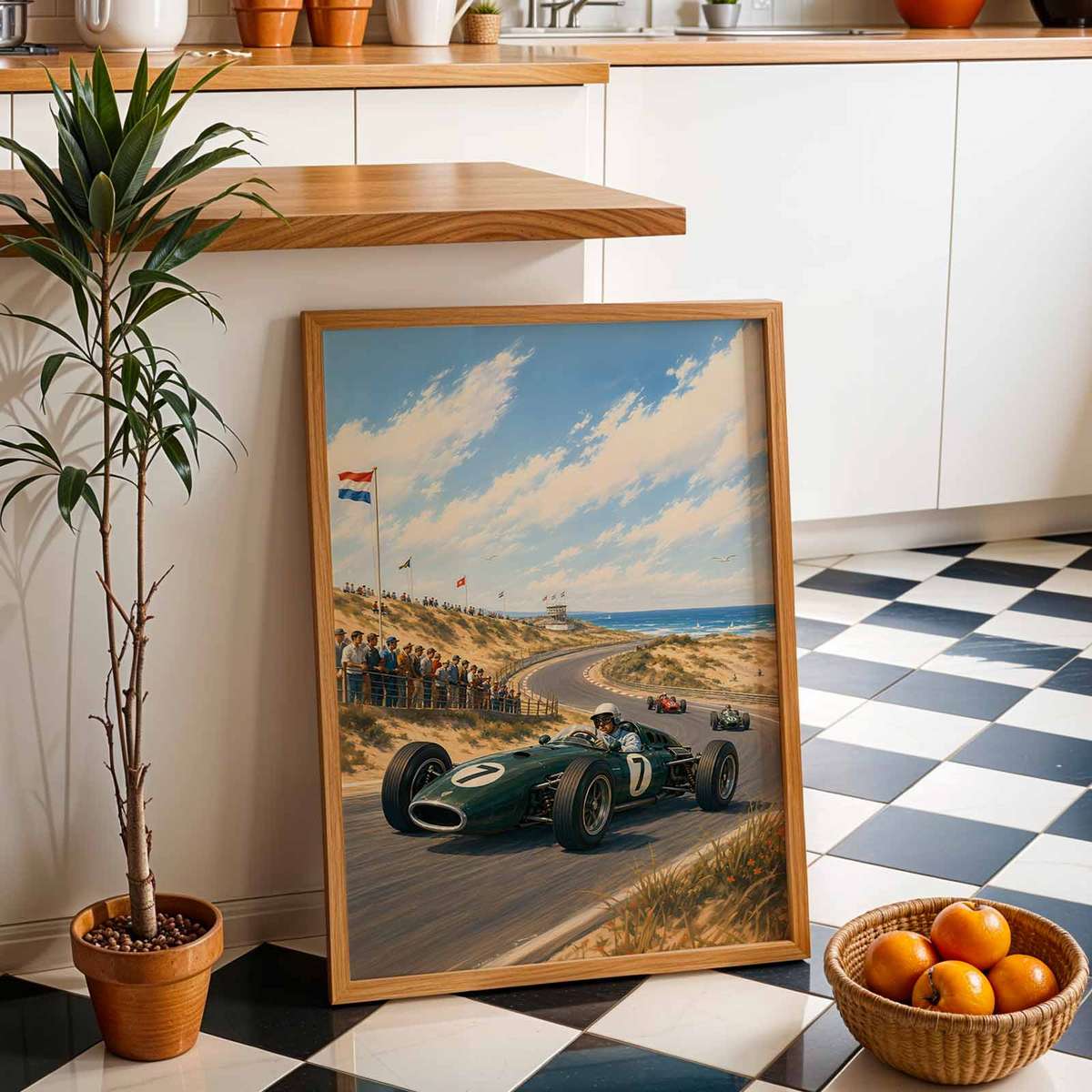Dutch Grand Prix shown in a retro composition showcasing race action framed by a bold circuit atmosphere