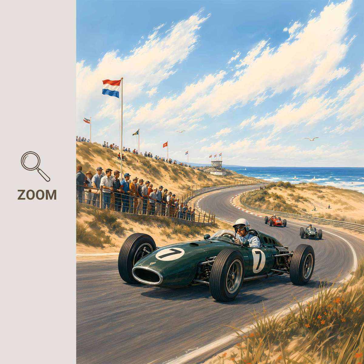 Dutch Grand Prix poster combining mechanical detail and competitive motion inspired by zandvoort 1950s f1poster in a competitive composition