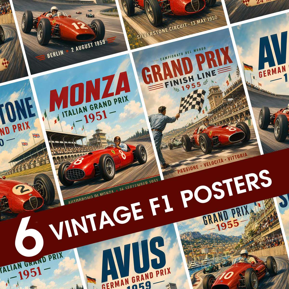Wall Art F1 – 6 Vintage Formula 1 Posters, Silverstone, Spa, Zandvoort, USA… Formula 1 poster displayed as motorsport wall art