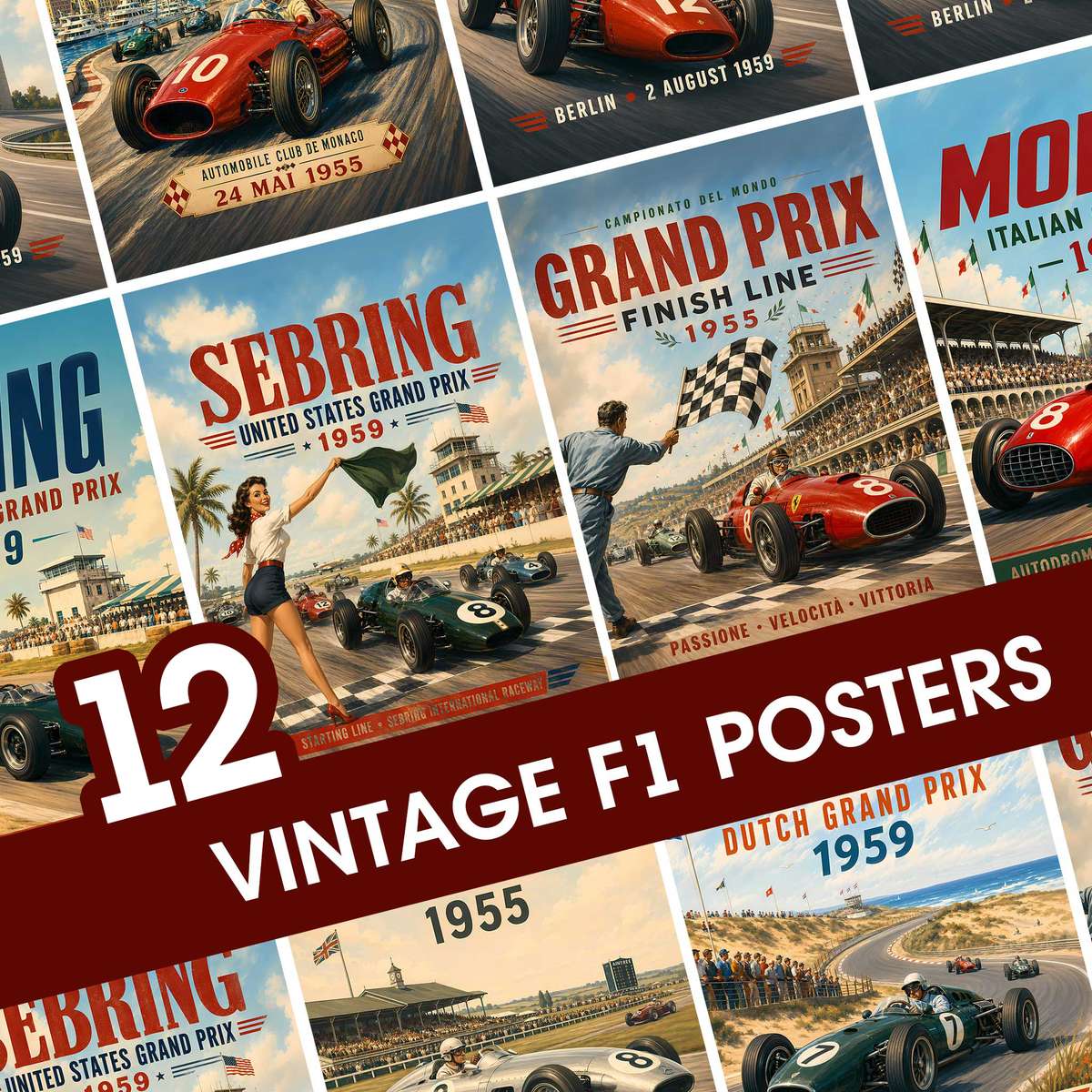 Posters F1 – Set of 12 Vintage Formula 1 Prints, Nürburgring, Silverstone, Spa… Formula 1 poster displayed as motorsport wall art