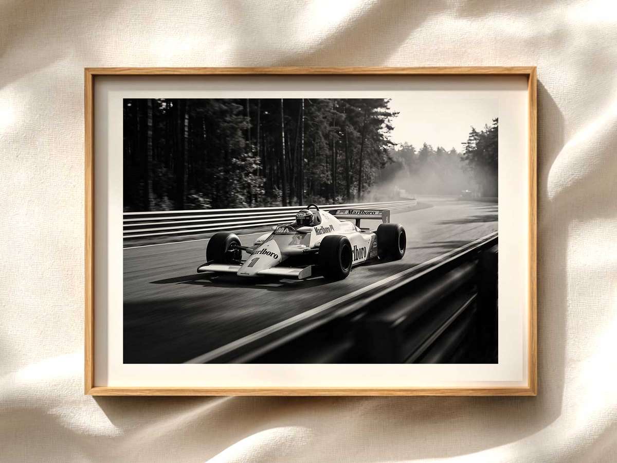 McLaren F1 Poster — 1980s Vintage Front Three-Quarter Formula 1 poster displayed as motorsport wall art