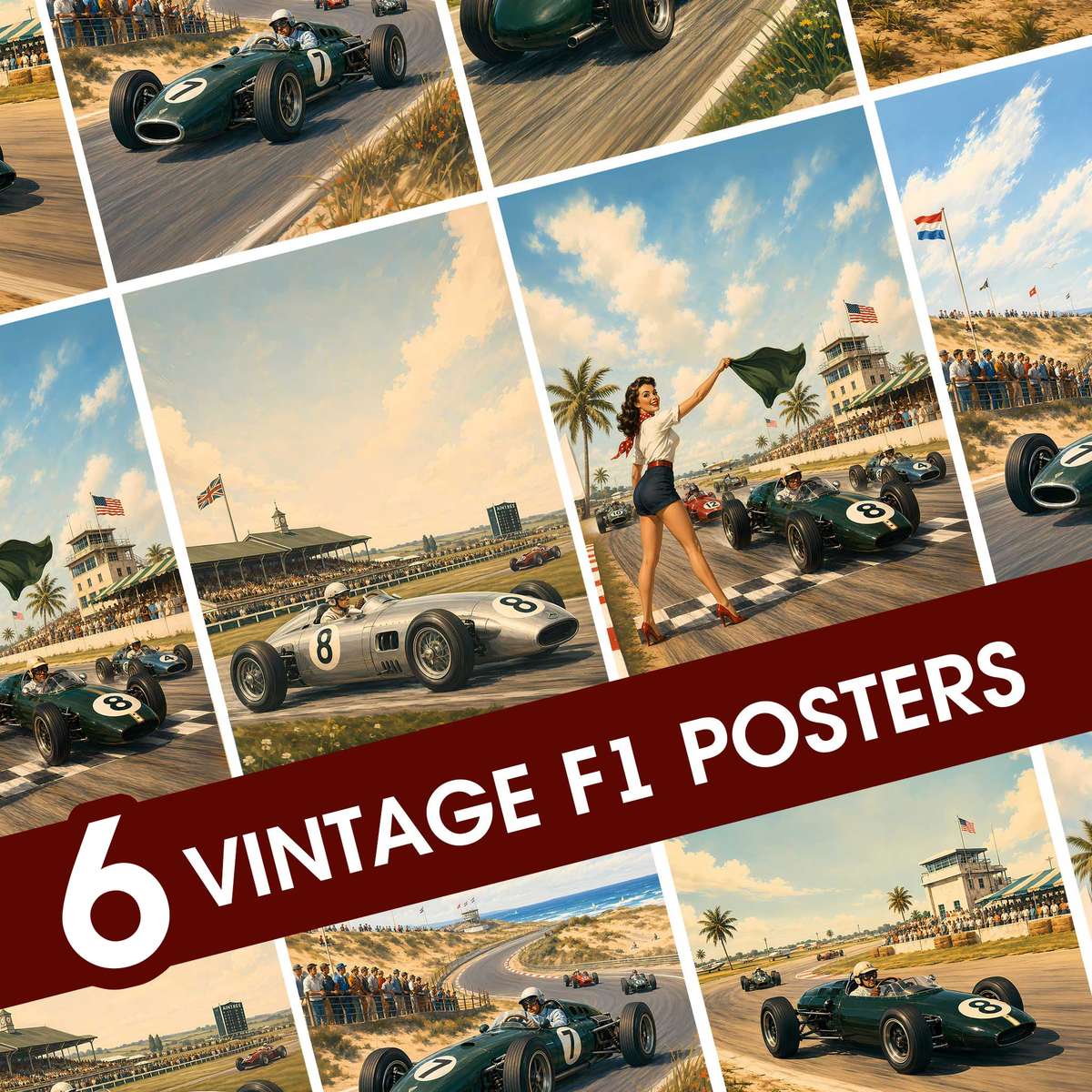 Vintage F1 Retro wall art featuring cornering action and dynamic race-day character