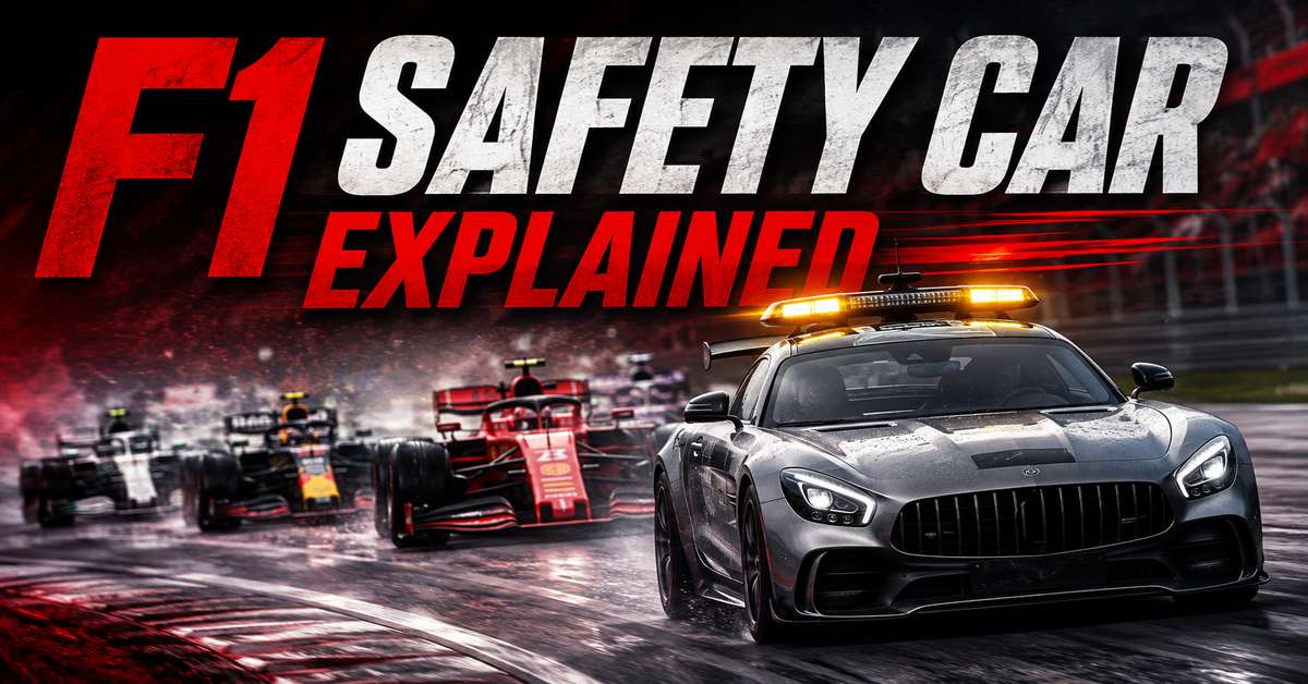 Safety car leading a pack of Formula 1 cars around a damp track while marshals clear debris