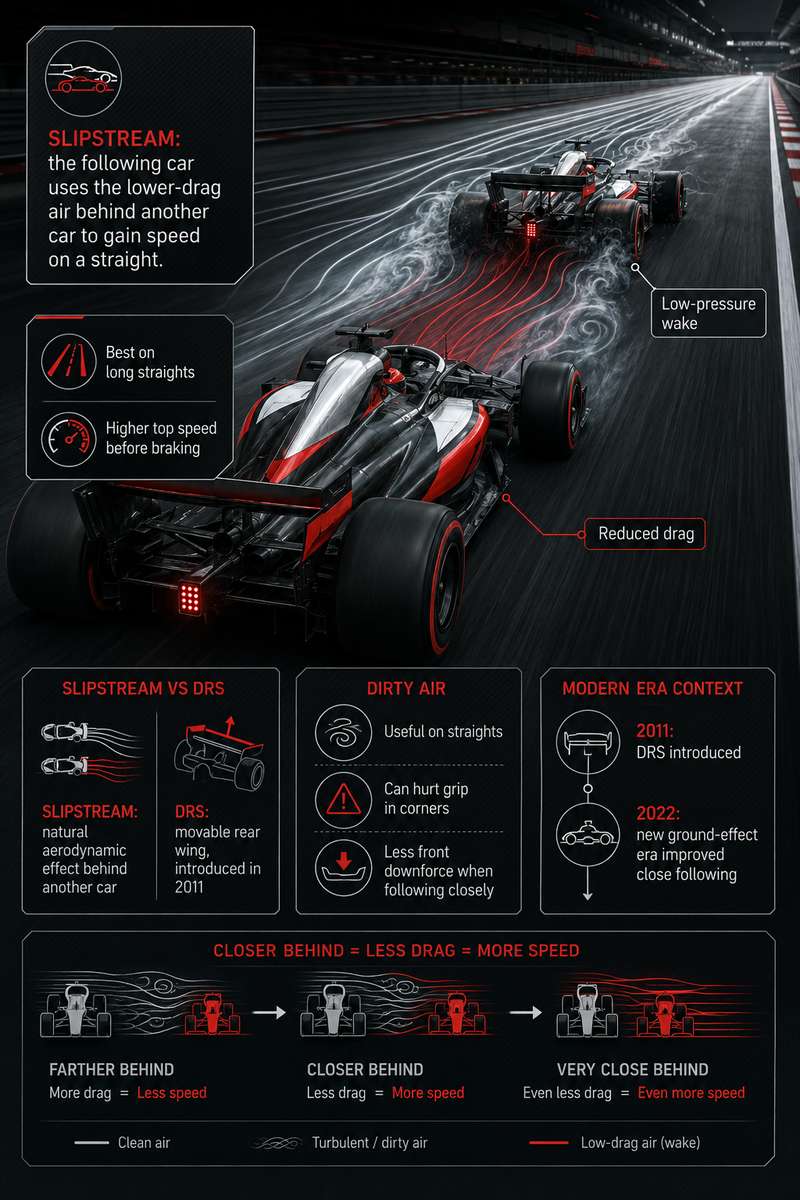 Visualization of turbulent airflow and low-pressure wake behind an F1 car showing vortices and reduced air pressure