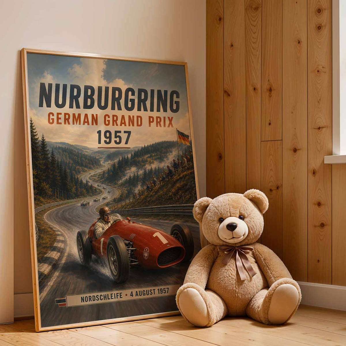Gallery-style F1 artwork with vintage details for office decor
