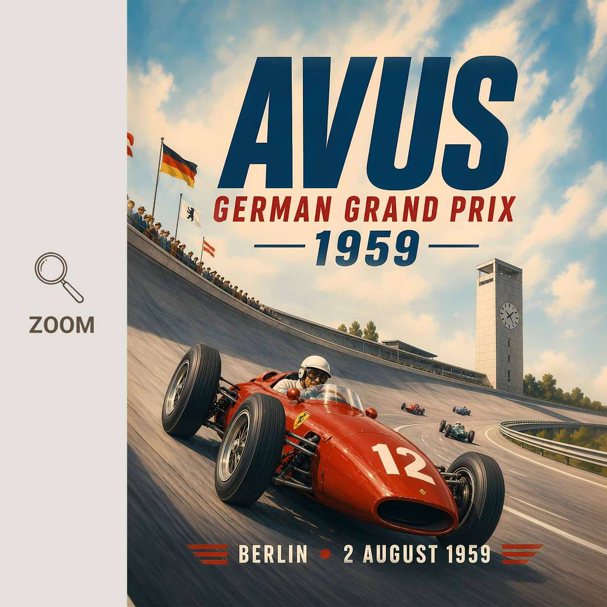 Vintage illustration of F1 presented through speed-focused composition with trackside detail