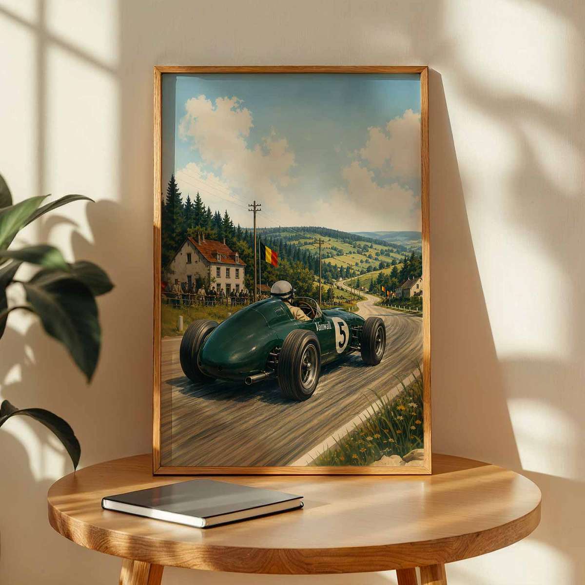 F1poster shown in a vintage composition showcasing high-speed motion and track atmosphere
