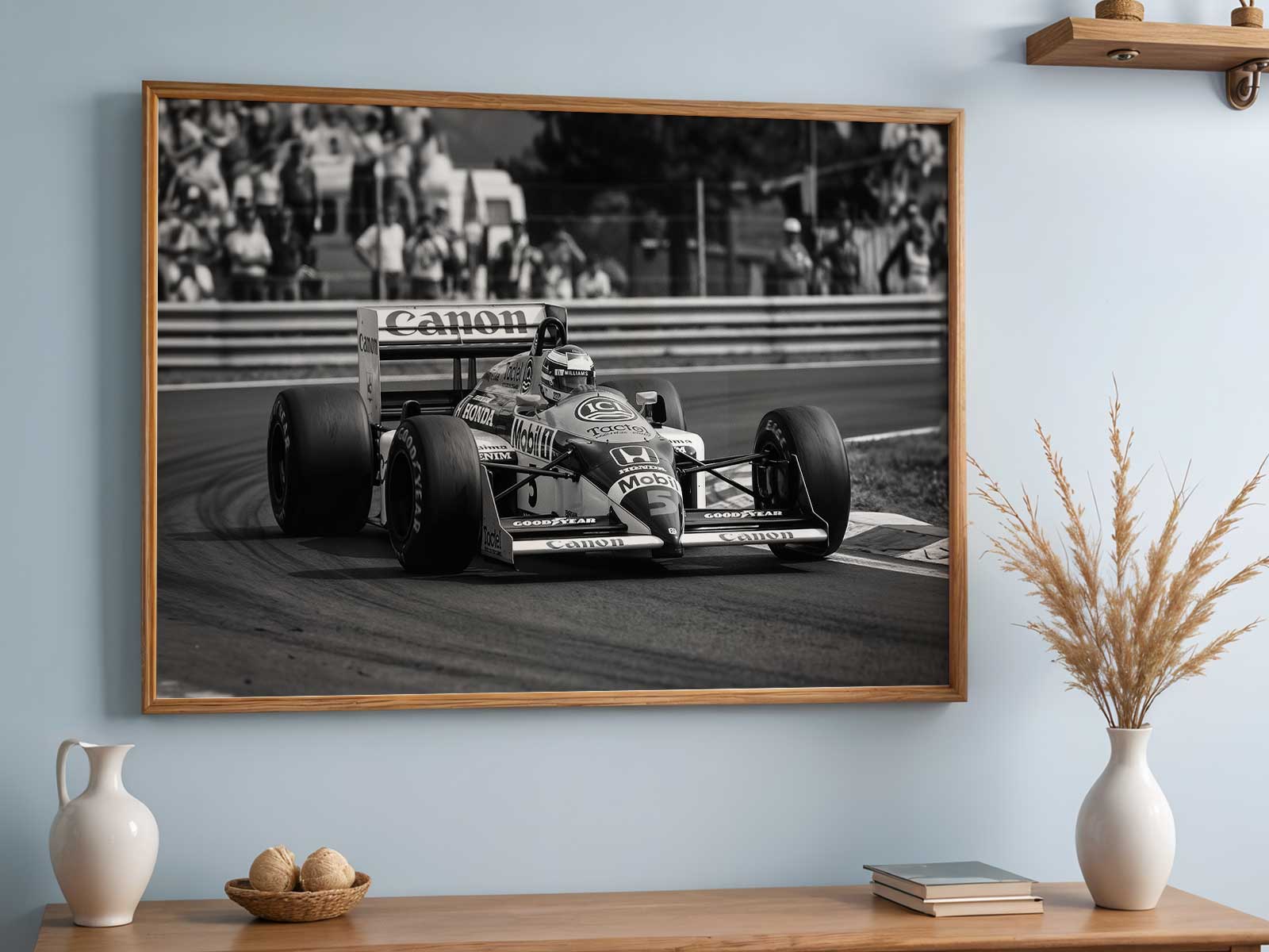 Silhouetted turbo-era car crossing the finish line with compressed perspective and dramatic edge definition