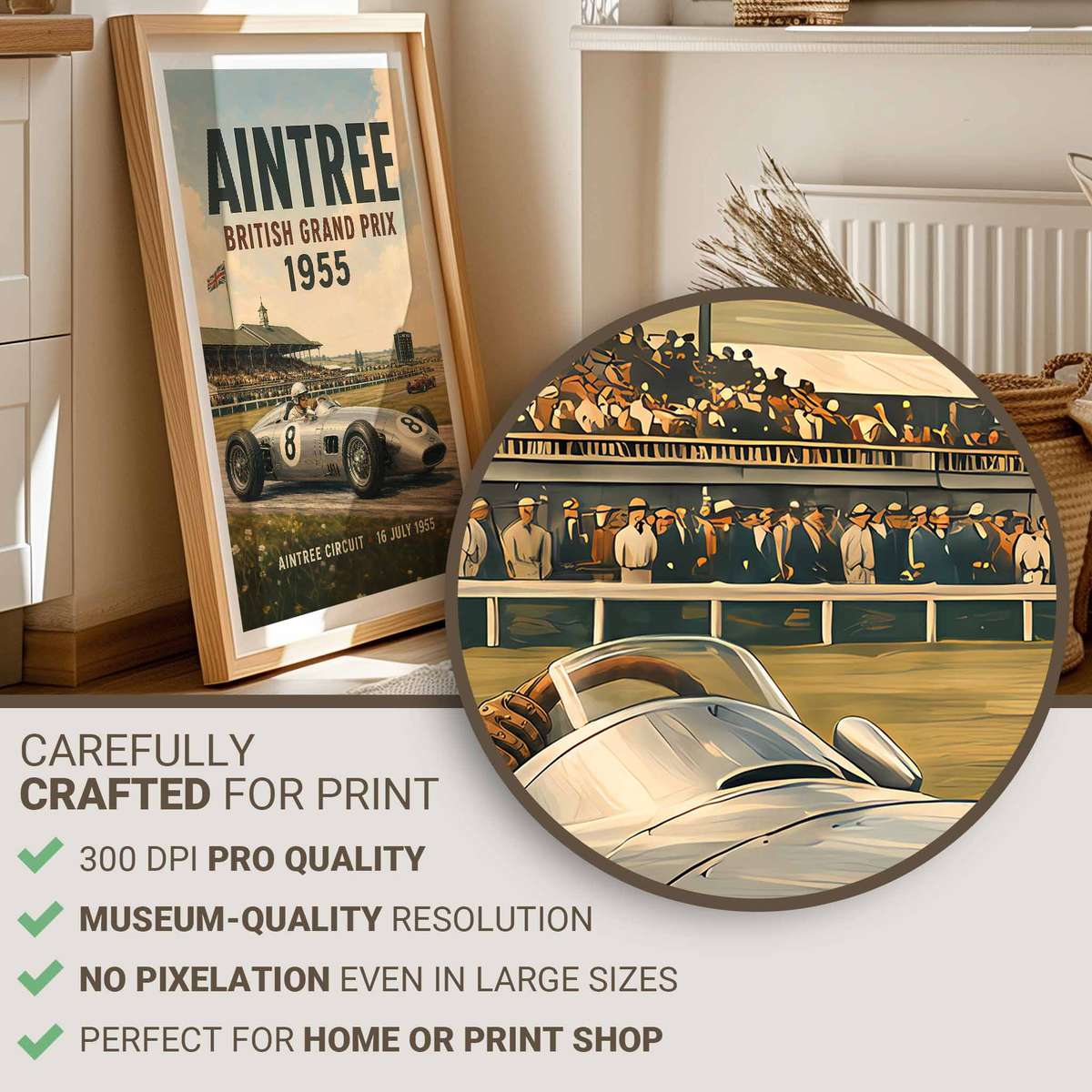 Artistic view of Formula 1 Grand Prix Silverstone Fans showing mechanical detail and competitive motion for office decor