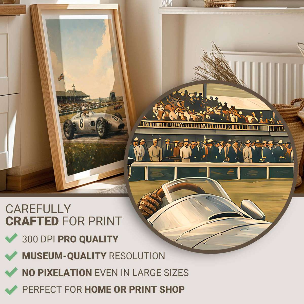 Formula 1 wall art showcasing race action framed by a bold circuit atmosphere and a bold visual character