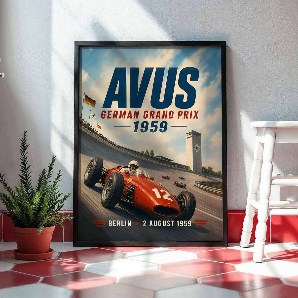 Retro wall art centered on Formula 1 with a fast-paced atmosphere
