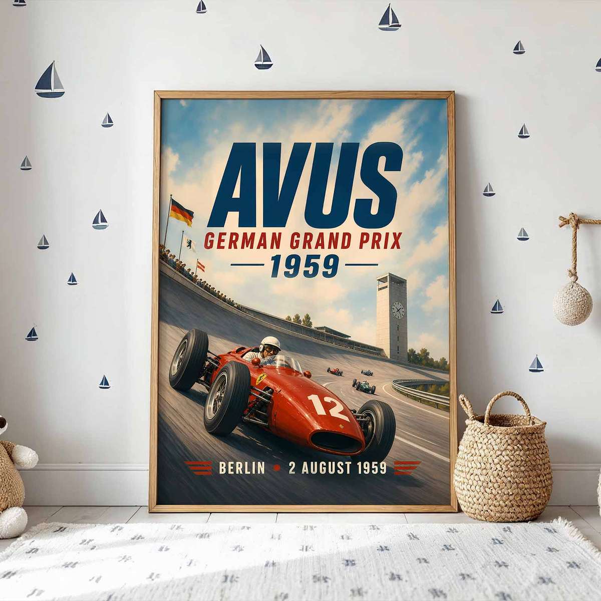 Formula 1 wall art combining mechanical detail and competitive motion in a bold composition