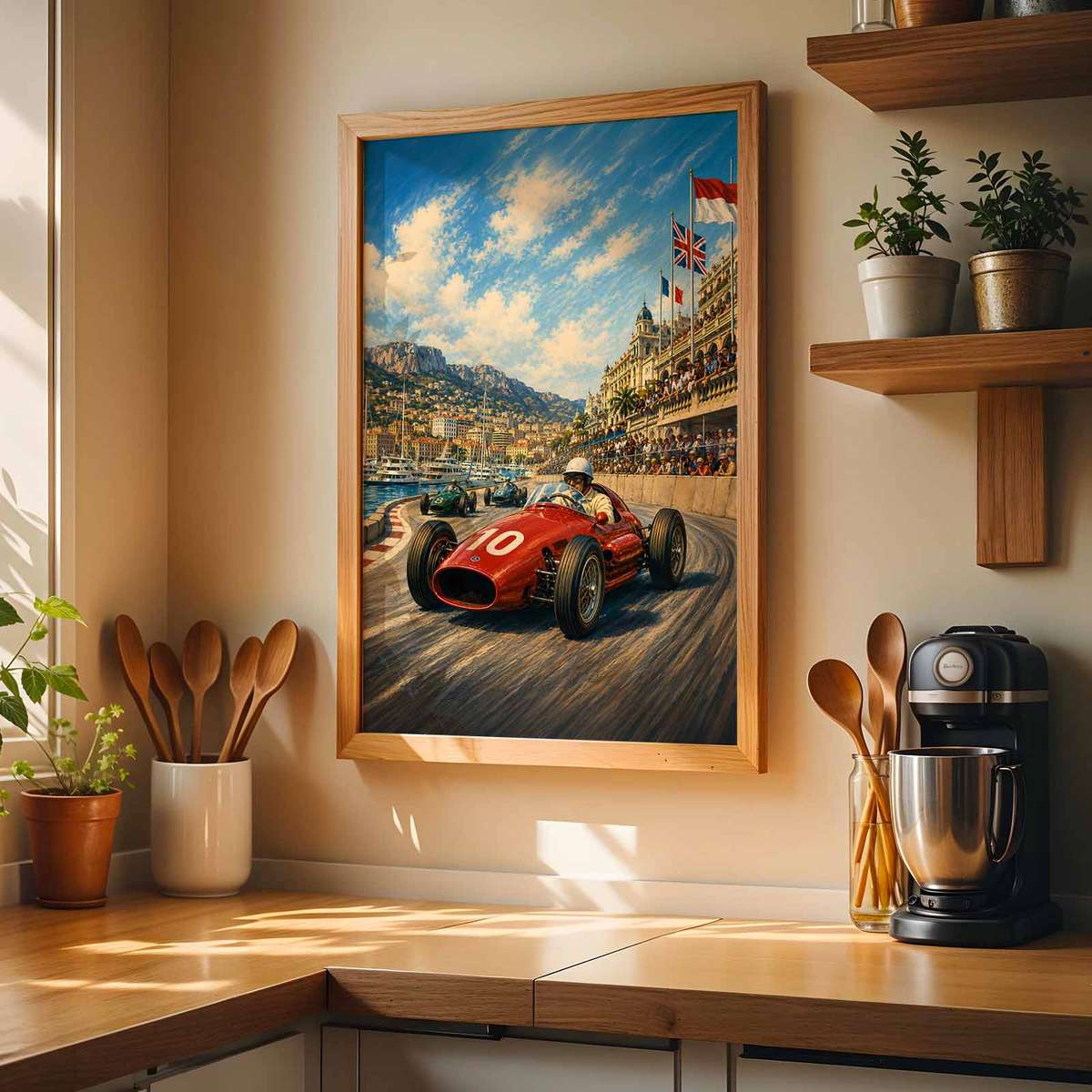 Formula 1 wall art combining cornering action and dynamic race-day character in a bold composition