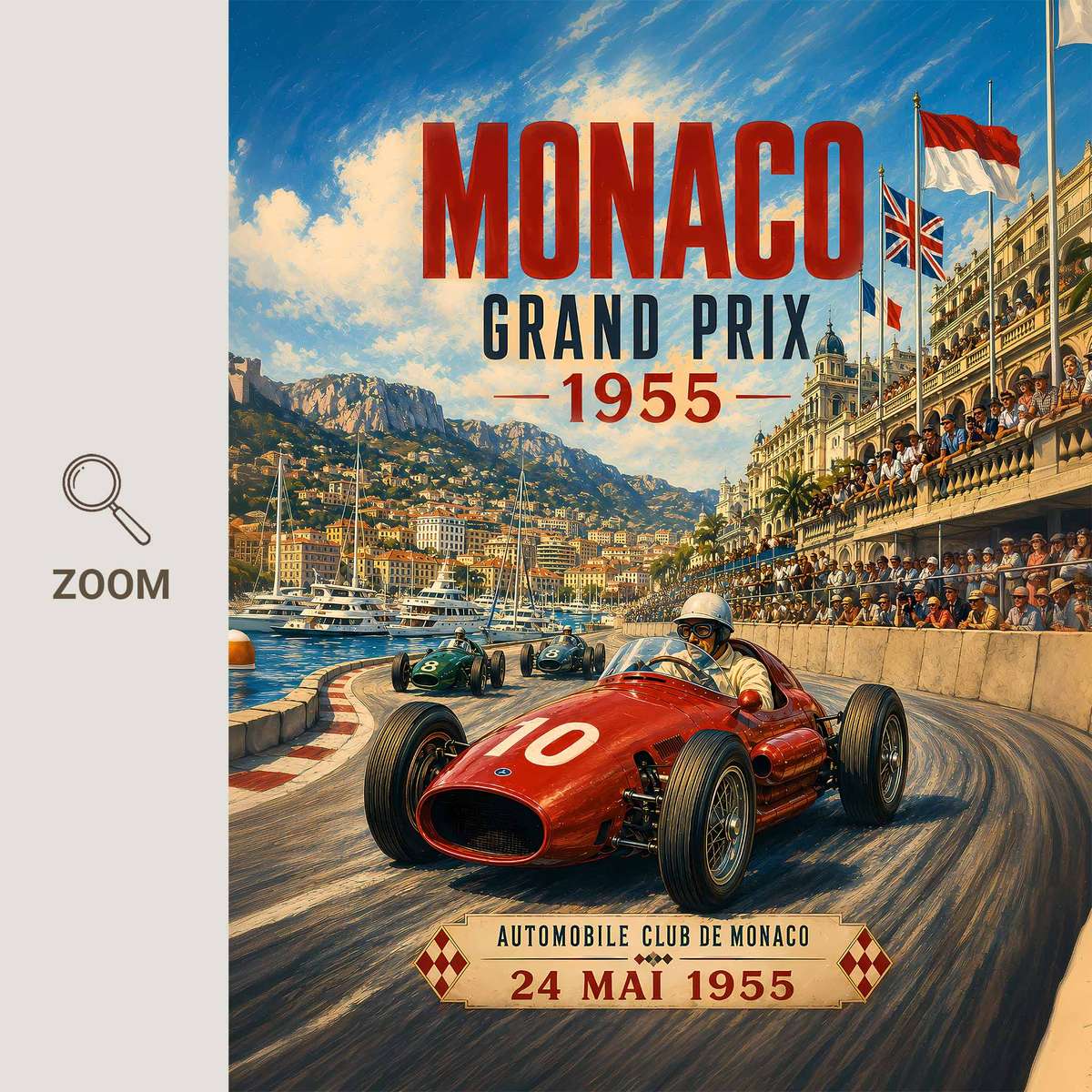 Formula One Monaco composition styled as wall art and featuring mechanical detail and competitive motion inspired by 1955 street racing