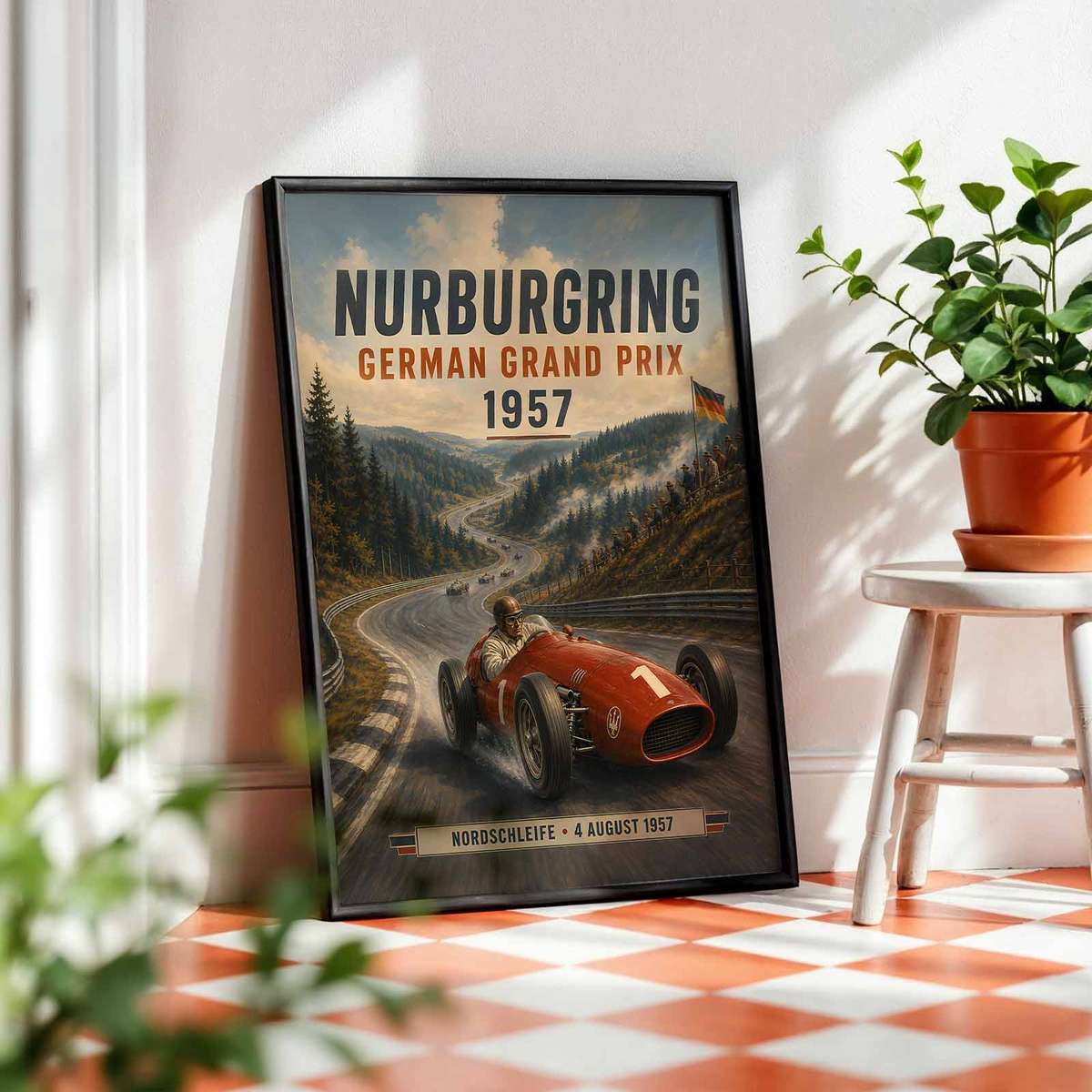Formula One Nurburgring shown in a retro composition showcasing motorsport engineering and intense visual movement