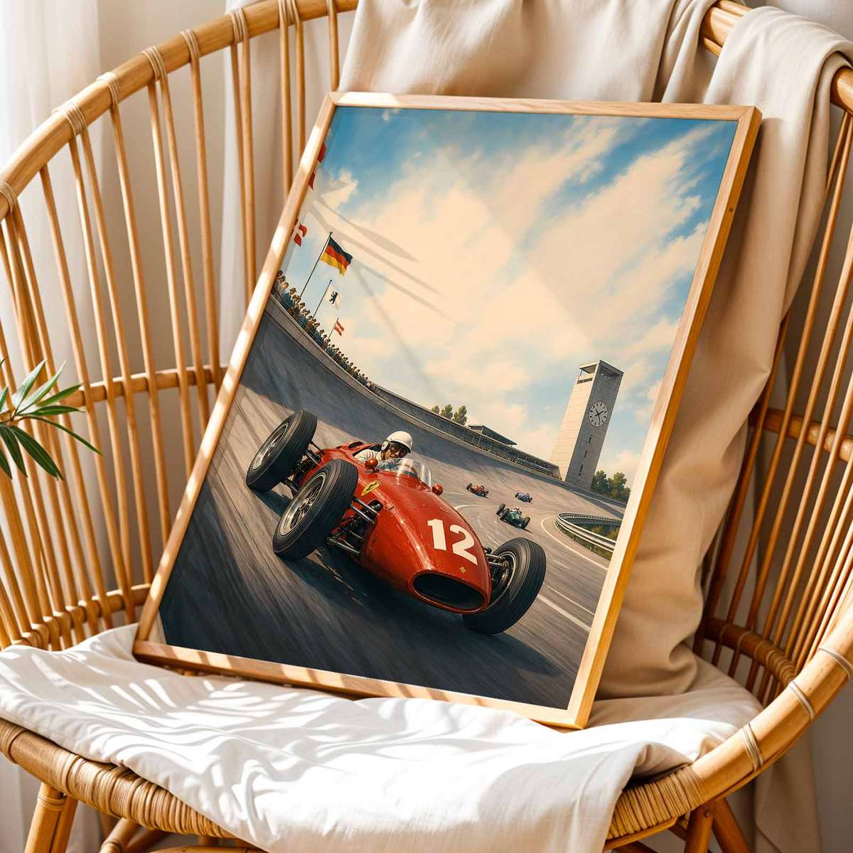 German F1 decorative print featuring racing lines with dramatic circuit energy for track-day admirers