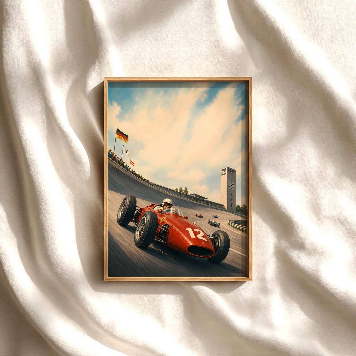 German F1 decorative print featuring racing lines with dramatic circuit energy for track-day admirers