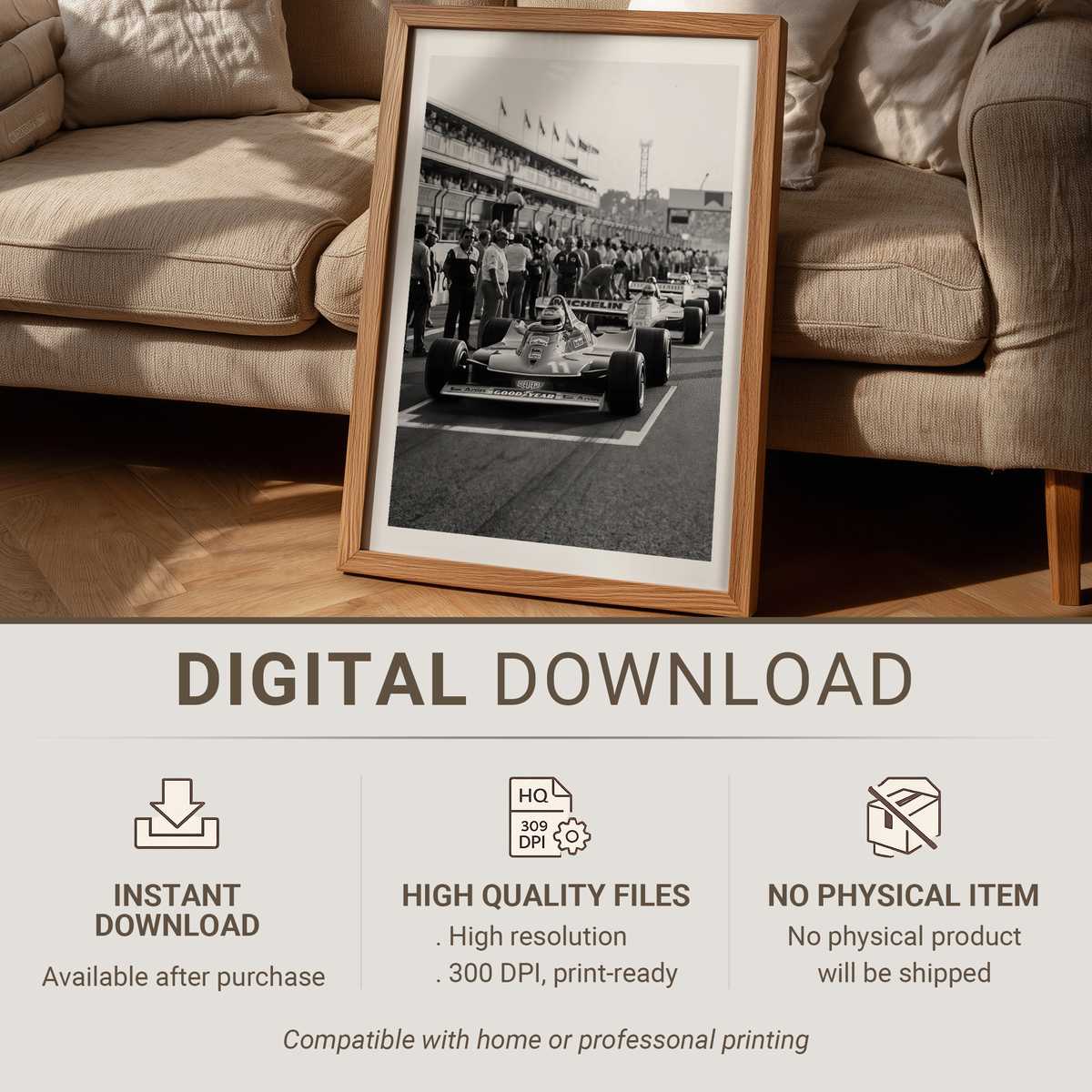 Vintage 1980s style poster of the Jarama circuit grandstand with warm patina and aged paper texture