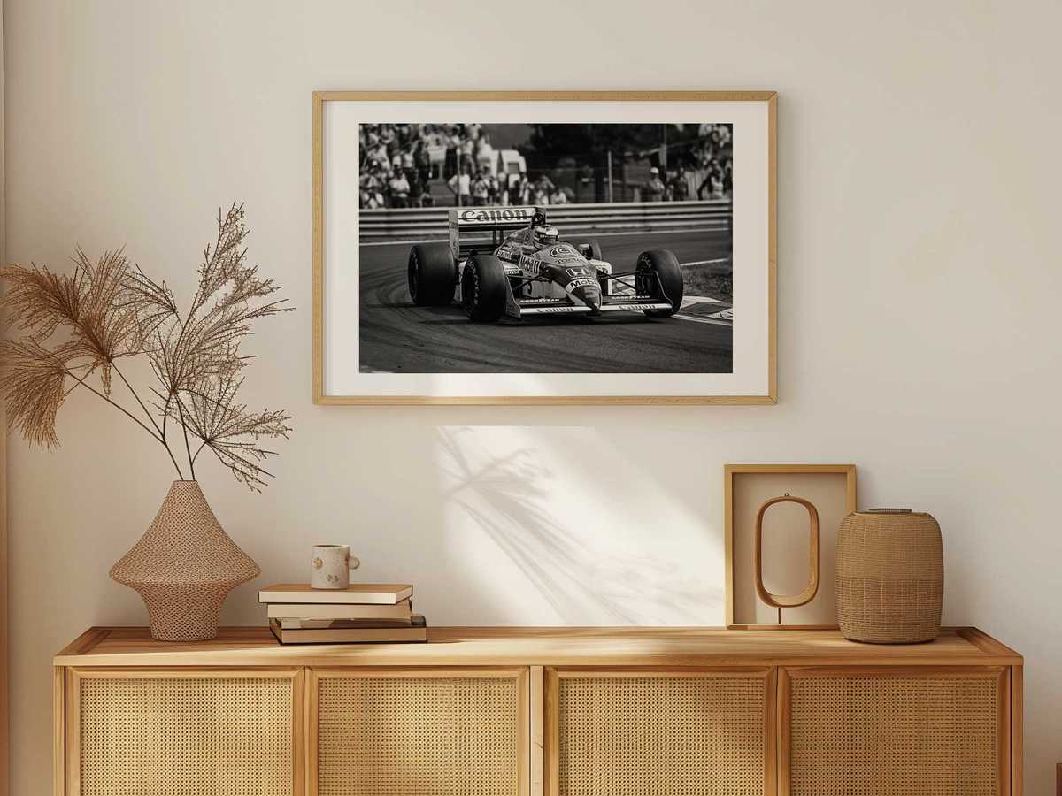 Stylized poster composition of Lando Norris with balanced negative space and iconic framing suggesting heroism