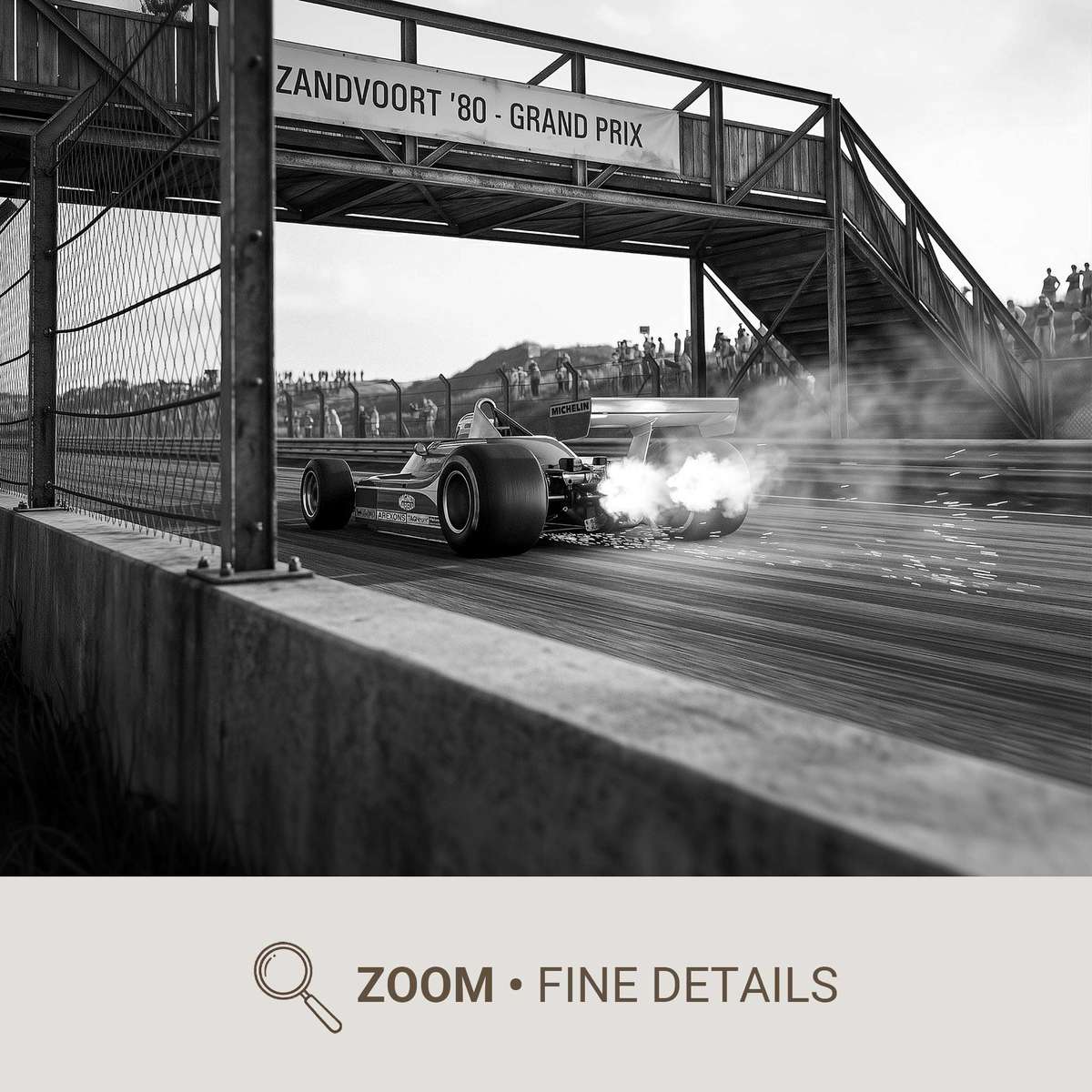Low-angle view of a Ferrari F1 car with motion blur streaks conveying high speed and forward momentum