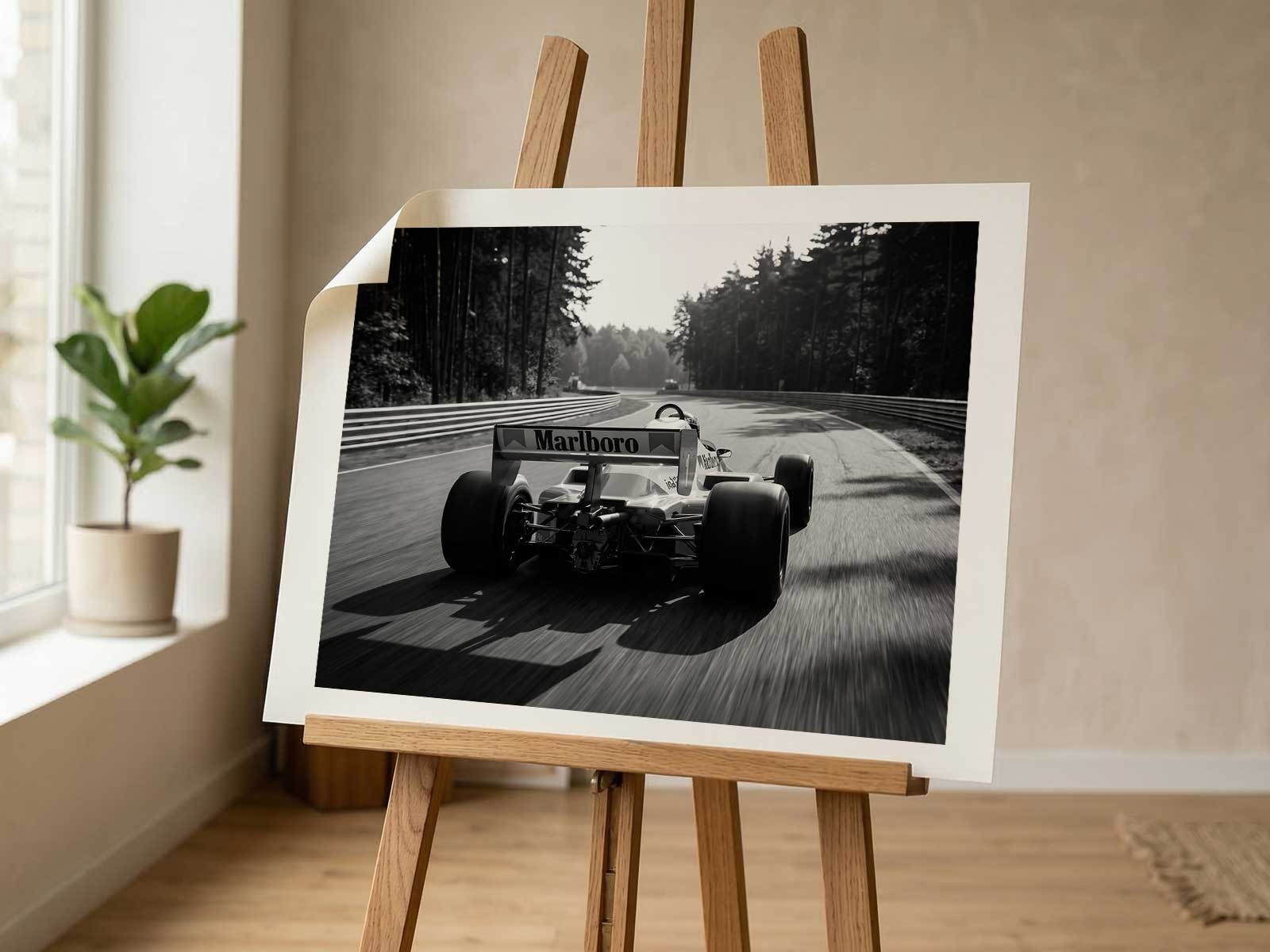 Minimalist poster evoking 1980s Grand Prix atmosphere with a stylized McLaren MP4 and restrained color palette