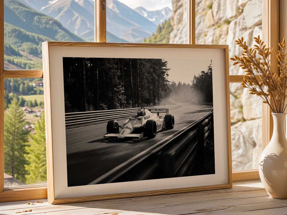McLaren F1 in a paddock scene with retro toning, soft contrast, and period-accurate signage to enhance historical context…