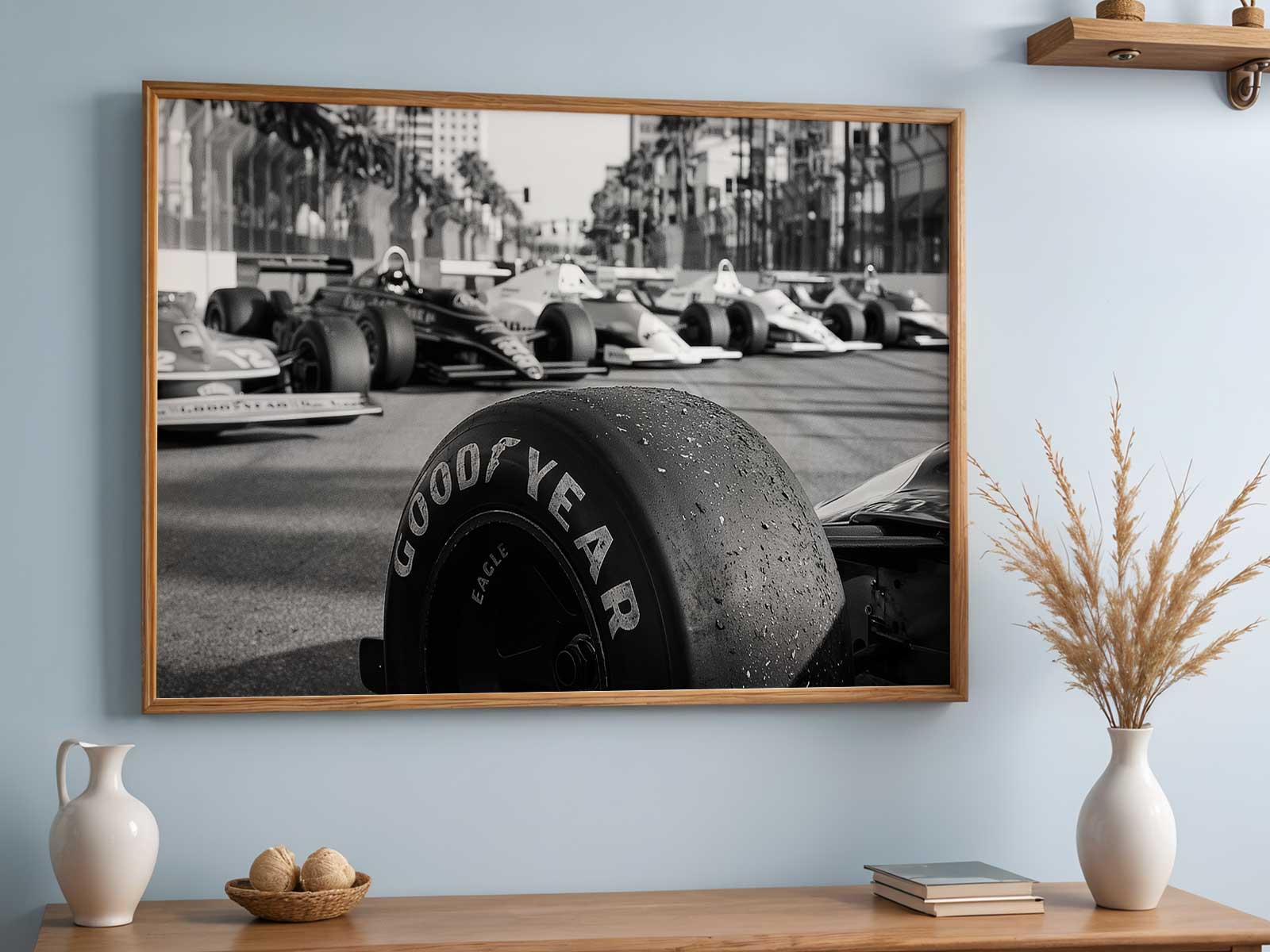 Vintage-style poster of a Miami sunset over a coastal speedway with an 1980s F1 car silhouette and grainy patina