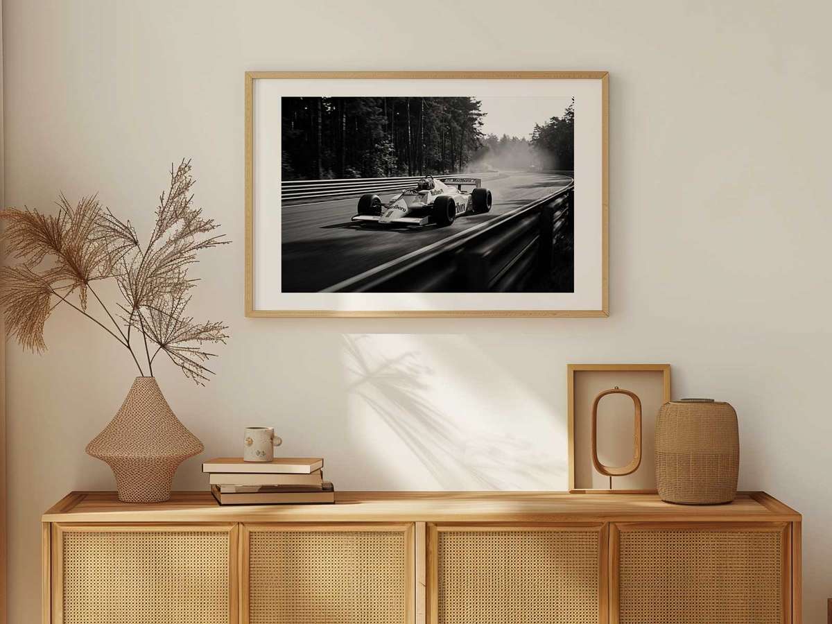 Minimalist figure of a driver paired with bold typographic elements to form a striking poster layout