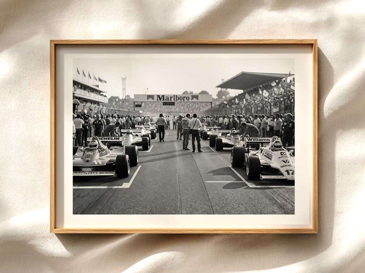 Stylized 1980s-inspired poster of the Monaco circuit showing narrow harbor section, pastel tones and deliberate film grain