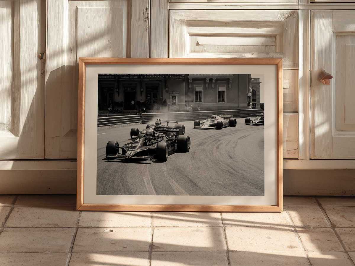 Poster of Monte Carlo grandstands and spectators in retro color blocks, faded edges and layered typography to suggest…
