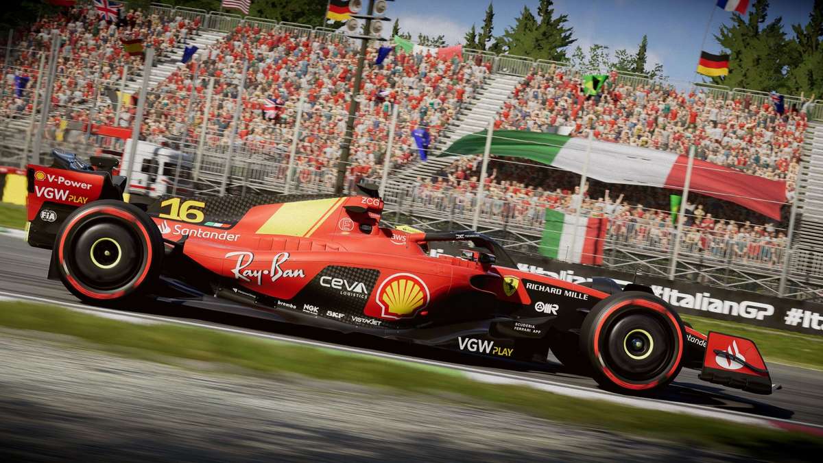 Two Formula 1 cars side by side overtaking on Monza main straight with grandstands in the background