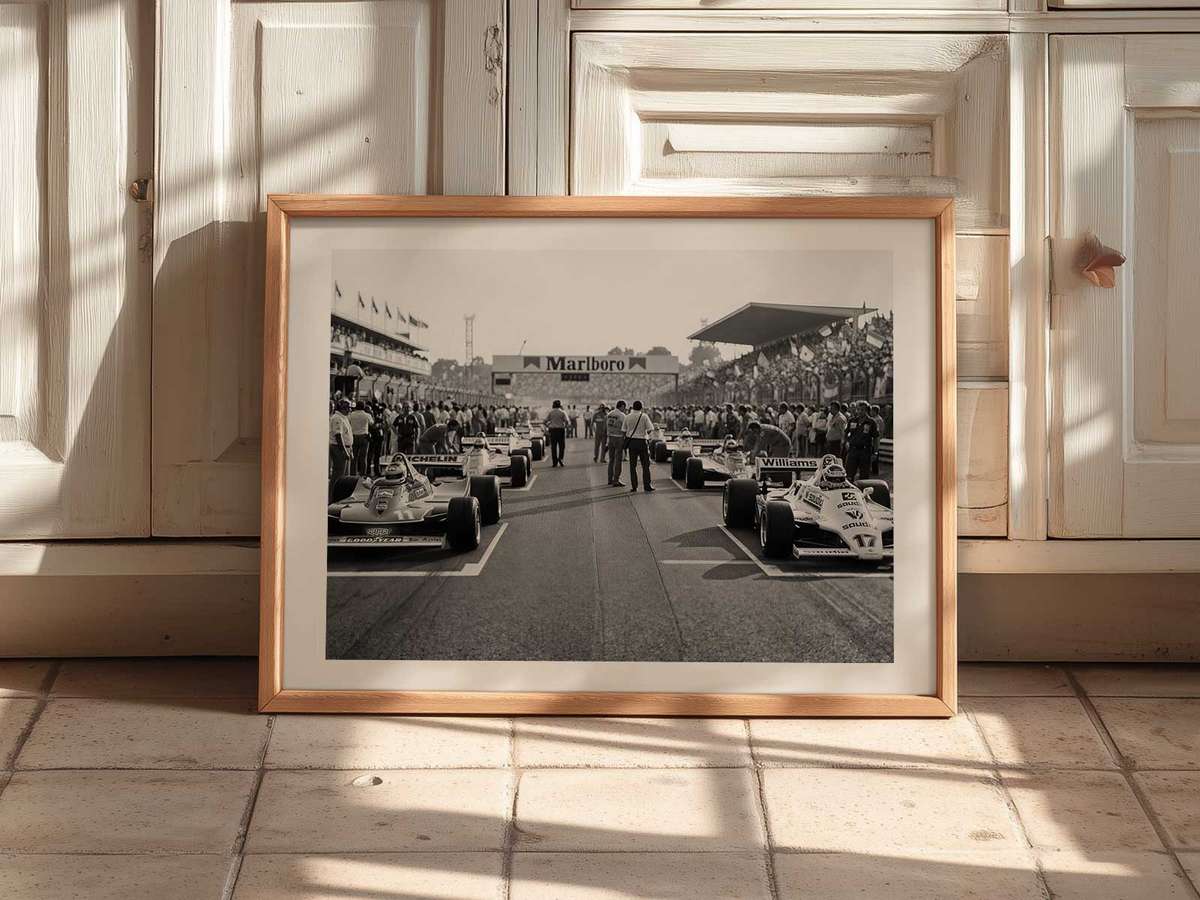 Monza wall print featuring long straights and chicanes rendered in retro typography and distressed textures