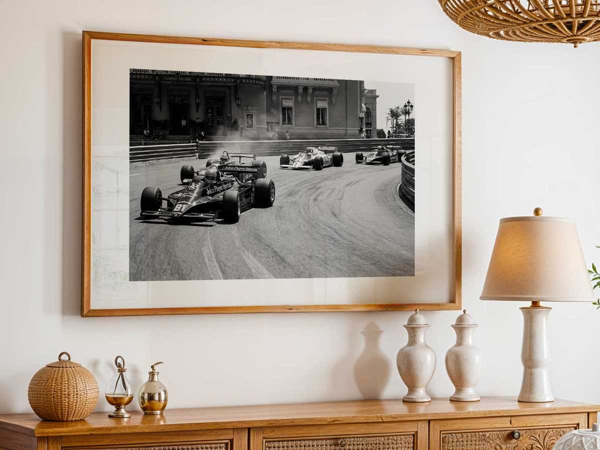 1980s-style illustration of a pit lane crew at work, grainy halftone print and sepia tones suggesting archival depth
