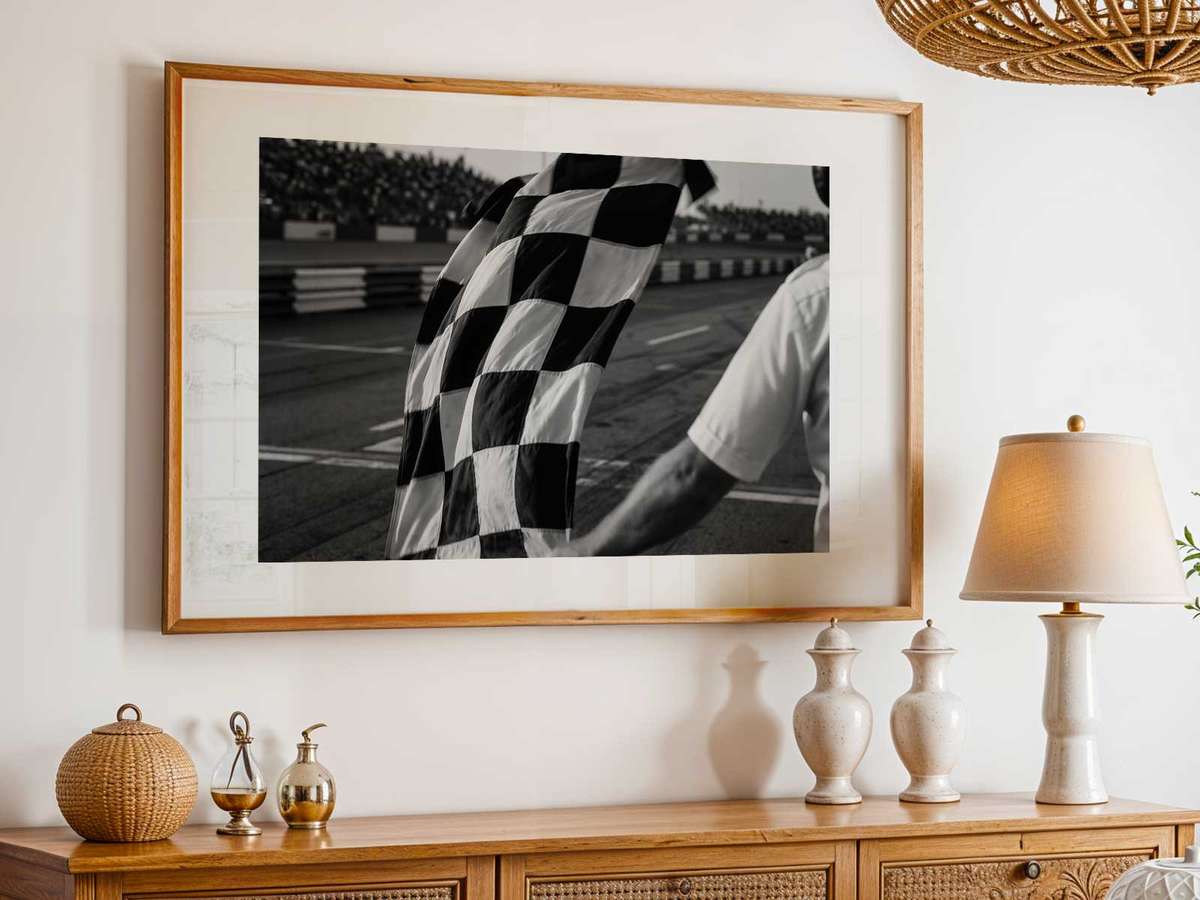 High-detail poster of a pit stop in progress, mechanics in motion and a blurred car ready to accelerate away