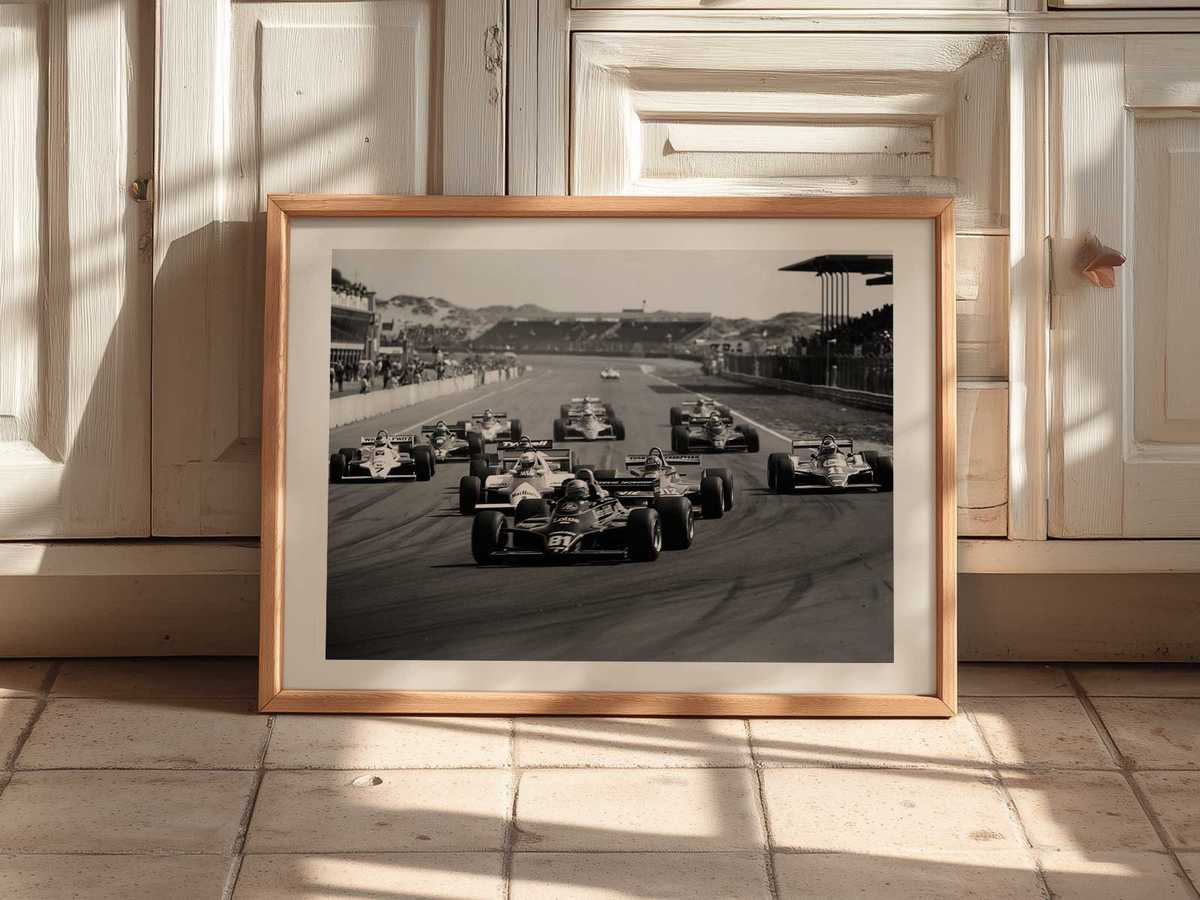 Premium wall art poster showing dramatic racing tension with cars framed by architectural edges, cinematic lighting and…