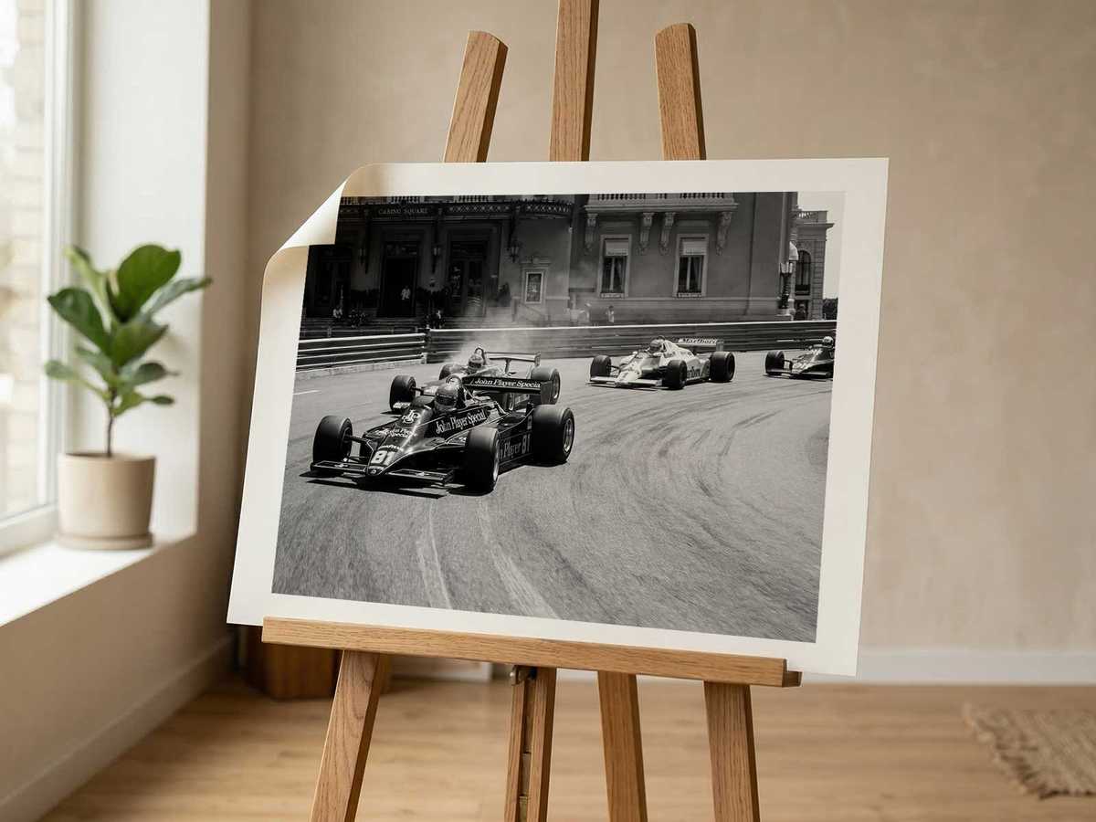 Close-up graphic poster of a rear wing and aerodynamic detail with 1980s vector styling and subtle aging marks