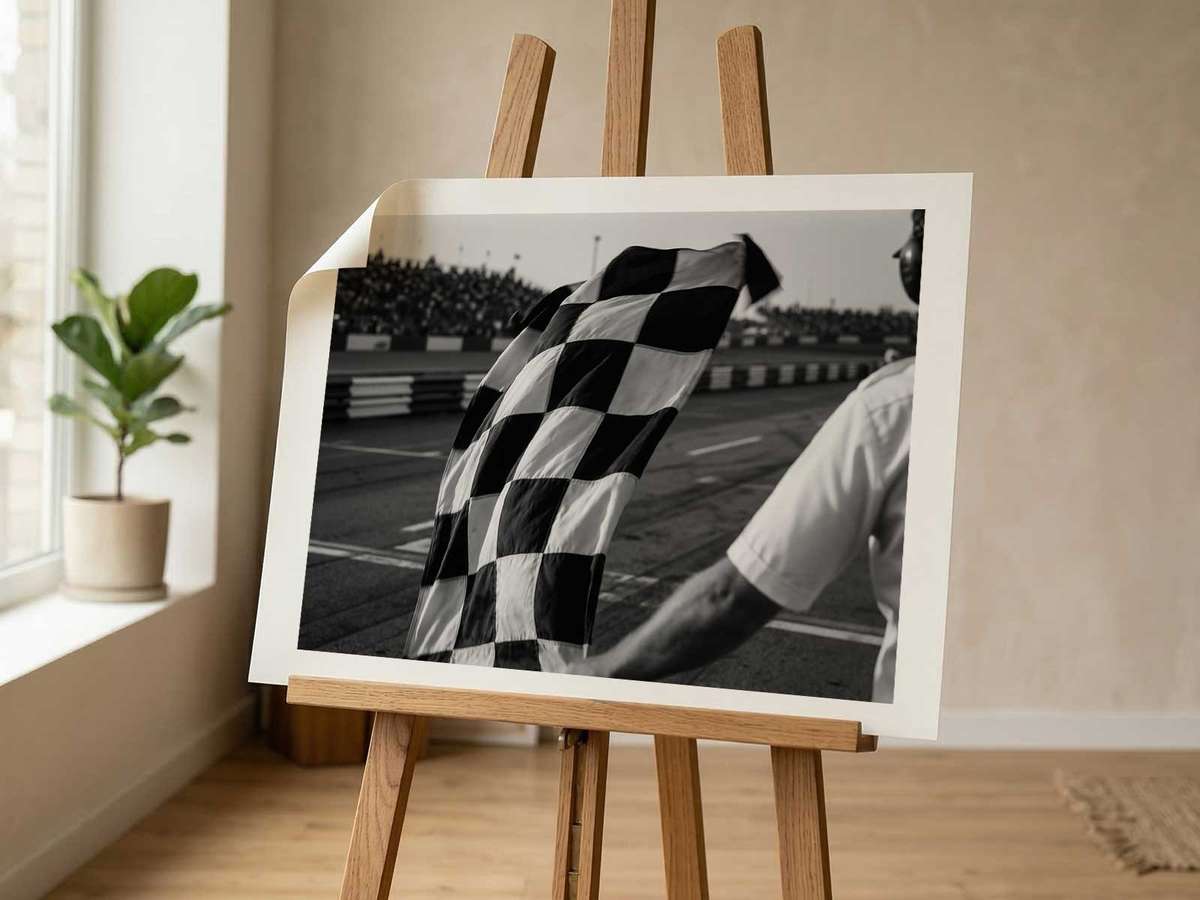 Poster view of a Formula 1 car rear wing and diffuser with streaking speed lines emphasizing aerodynamic motion