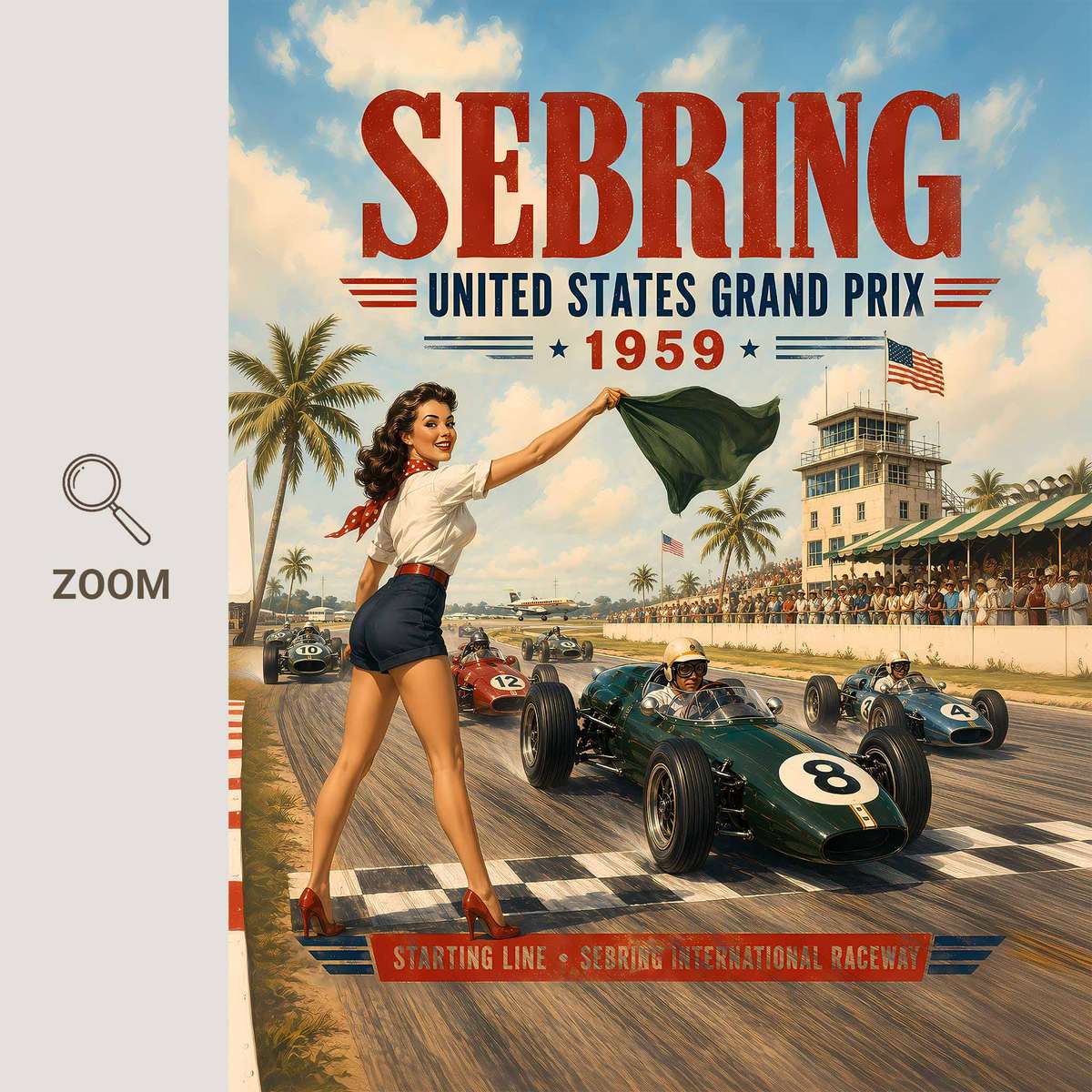 Gallery-style Retro Formula 1 artwork with retro details for garage decor
