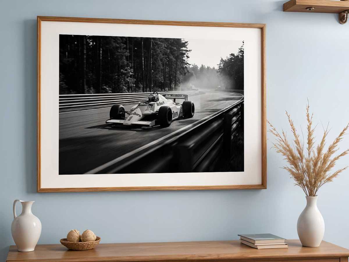 Vintage-style poster of a McLaren 1980s car rolling through the São Paulo pit lane, mechanics and signage rendered as…