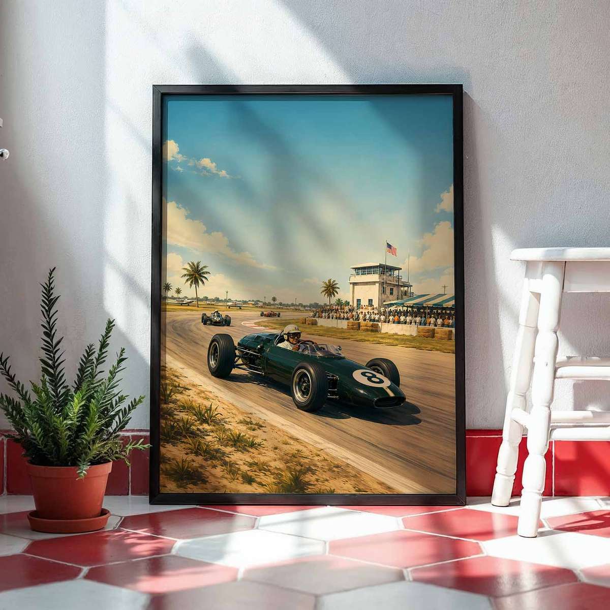 Gallery-style USA Grandprix artwork with retro details for modern living space decor
