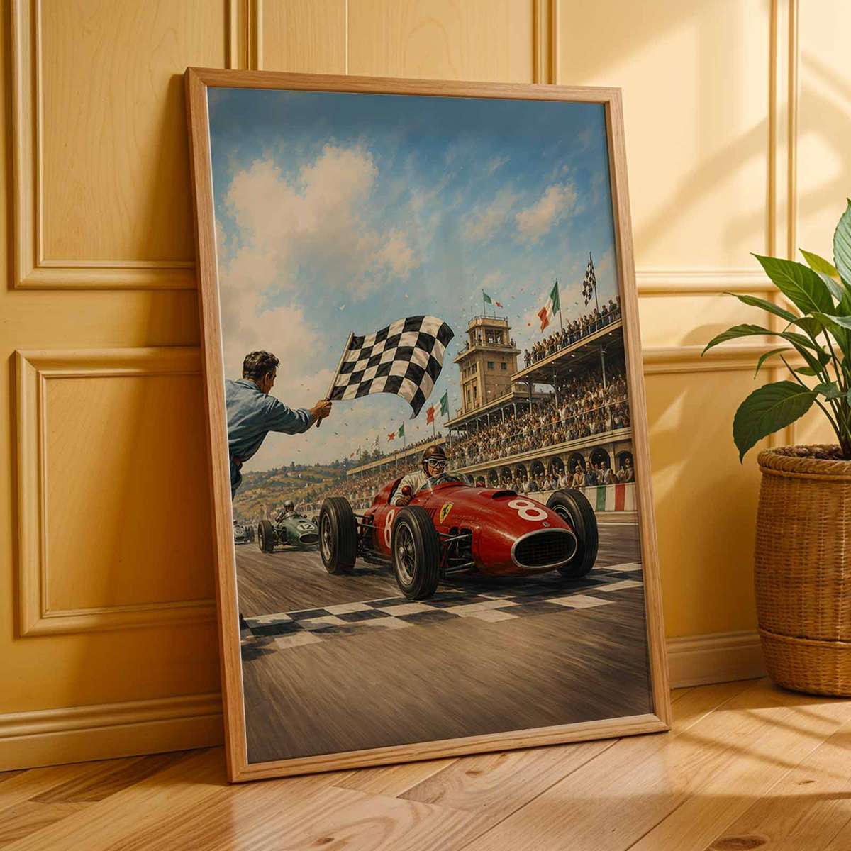 Artistic view of Sebring Formula 1 Fans showing cornering action and dynamic race-day character for office decor