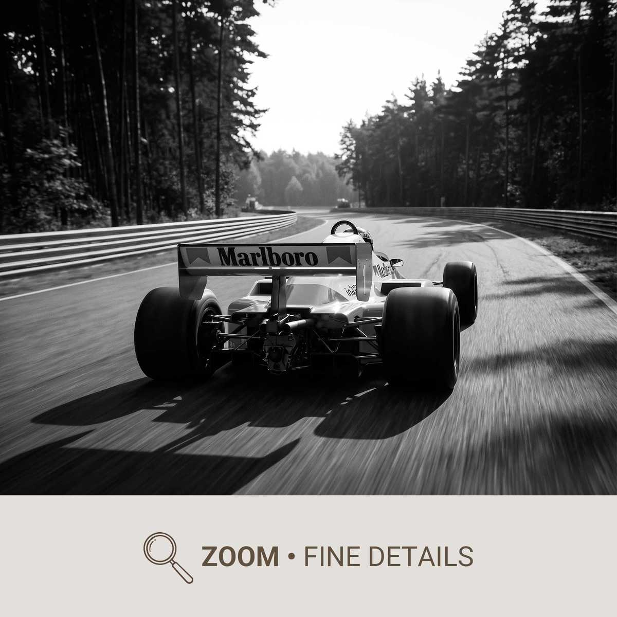 McLaren 1980s livery leaning into a tight Montreal corner, tire smoke and precise racing lines visible