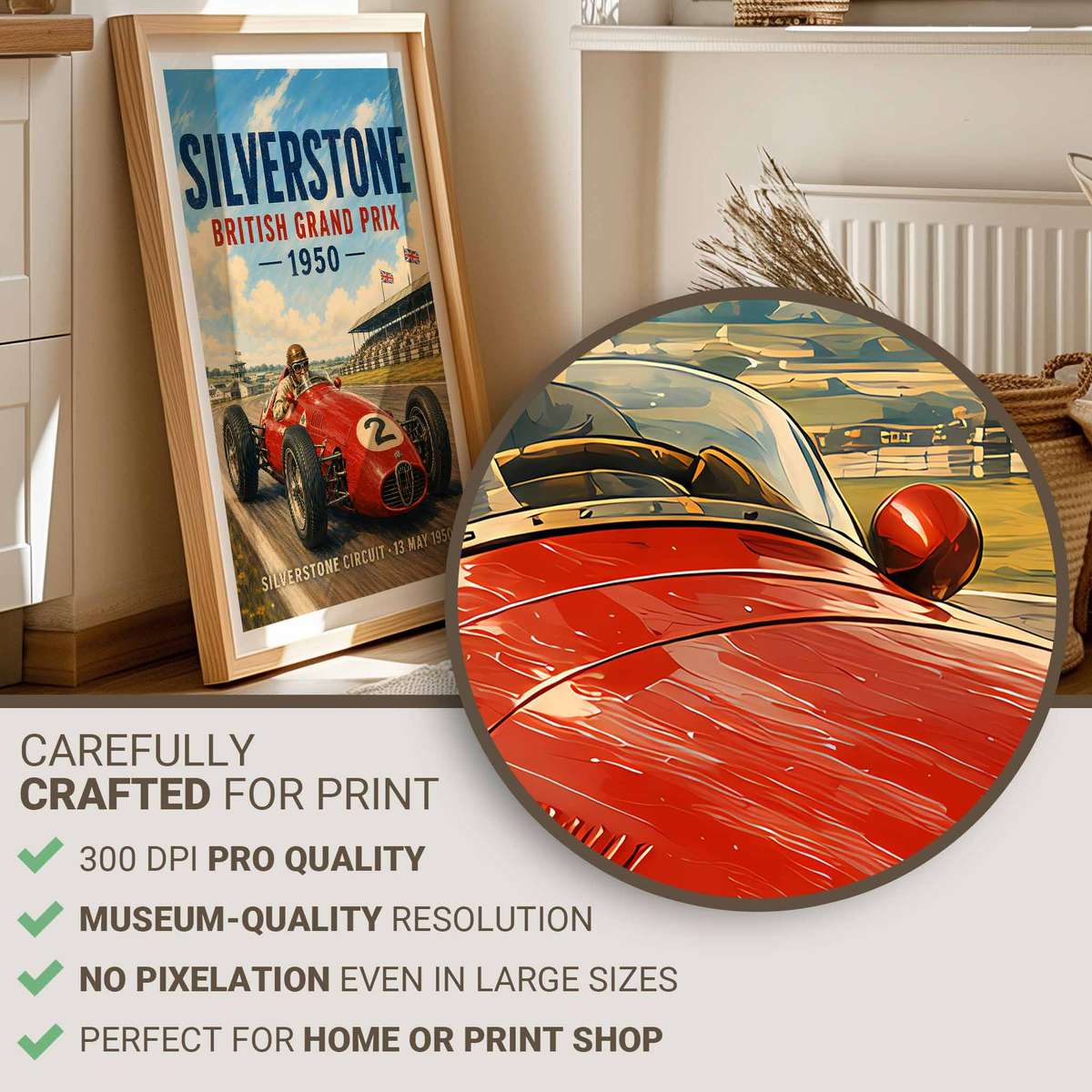 Silver Stone Grand Prix decorative print featuring race action framed by a bold circuit atmosphere for motorcycle fans