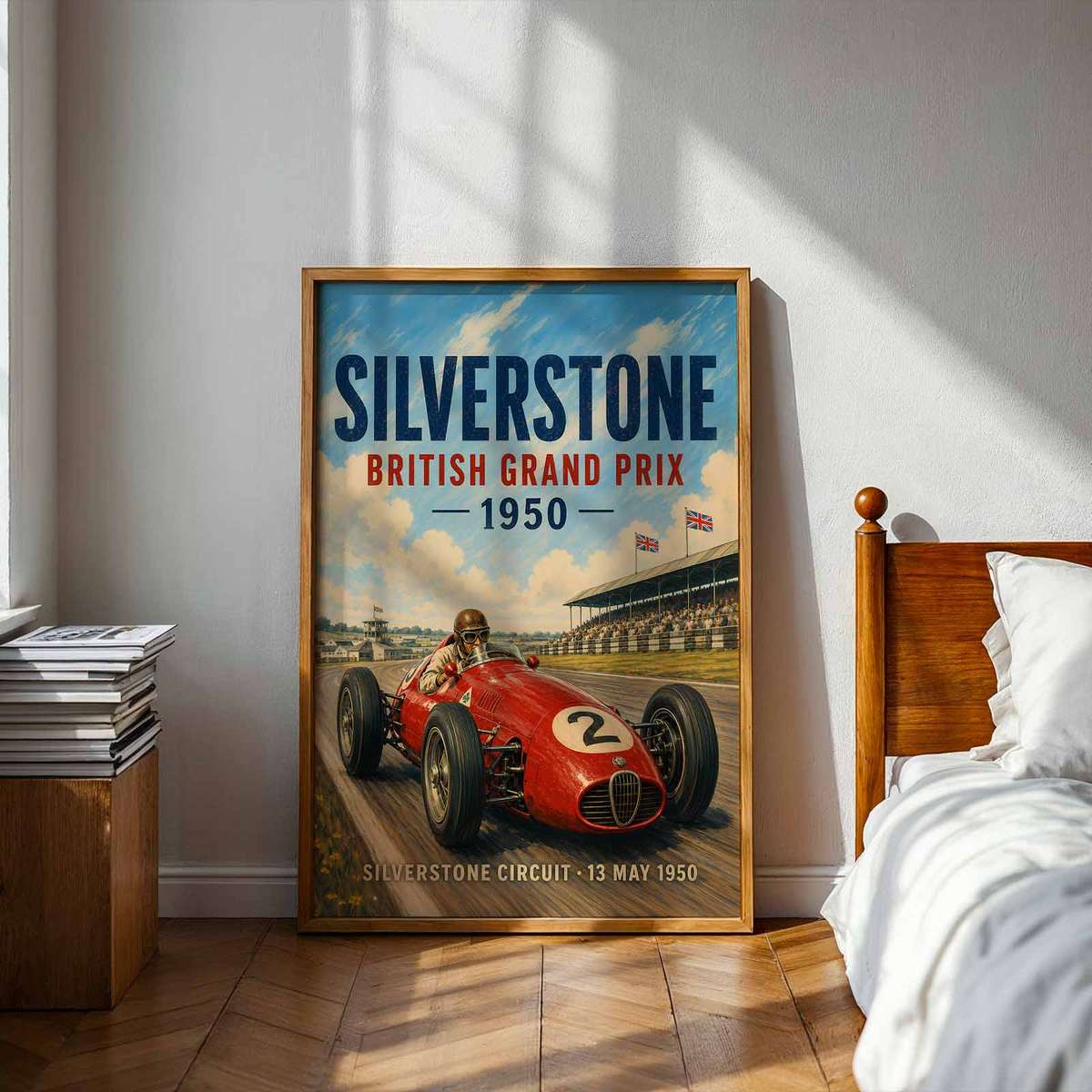 Silver Stone Grand Prix decorative print featuring race action framed by a bold circuit atmosphere for motorcycle fans