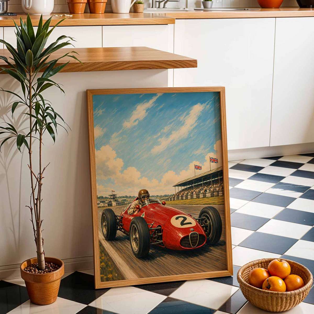 Silverstone Grand Prix shown in a vintage composition showcasing cornering action and dynamic race-day character