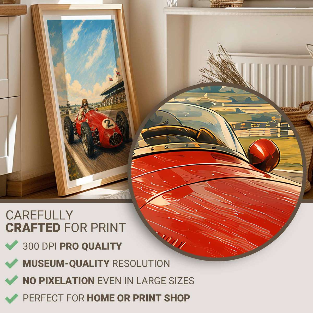 Silverstone Grand Prix decorative print featuring race action framed by a bold circuit atmosphere for racing enthusiasts