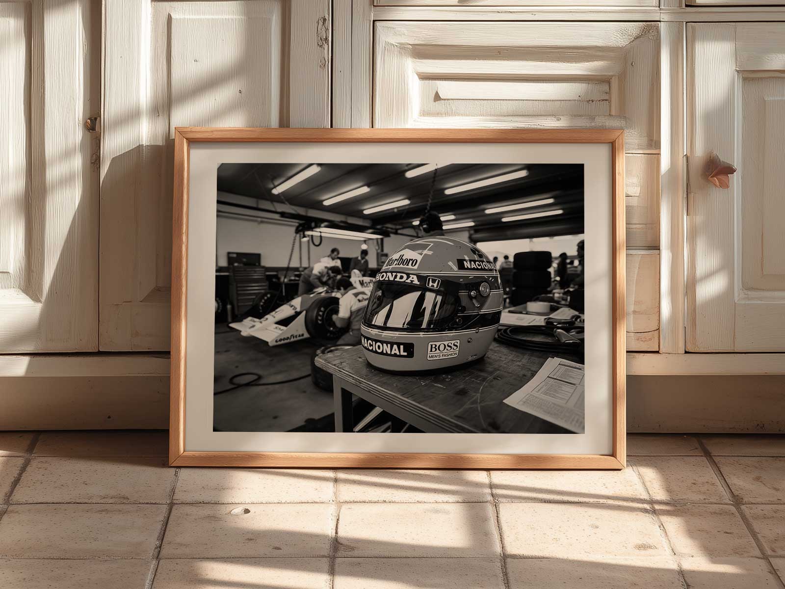 Silverstone Grand Prix poster featuring bold 1980s graphic shapes, grainy print texture and a warm, timeworn palette